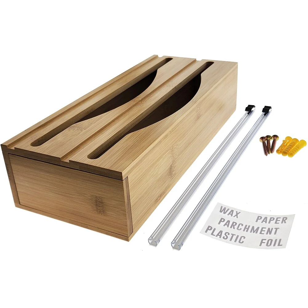 Luxe Bamboo Plastic Wrap/Wax Paper/Aluminum Foil Dispenser for Drawer or Wall Mountable - Cling Wrap / Tin Foil Kitchen Holder