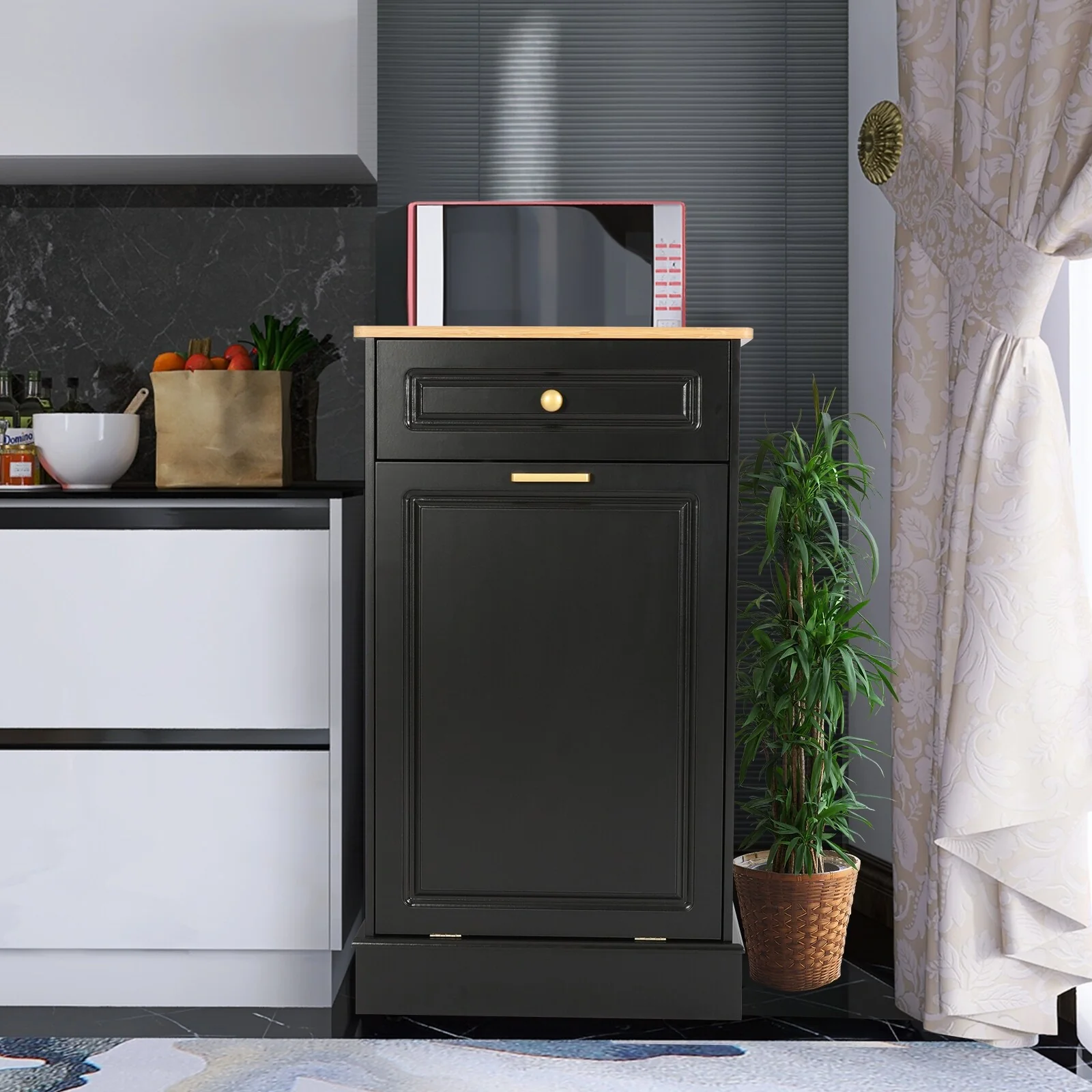 Kitchen Tilt Out Trash Cabinet Can Bin Storage Wooden Counter-top Waste Baskets with Drawer