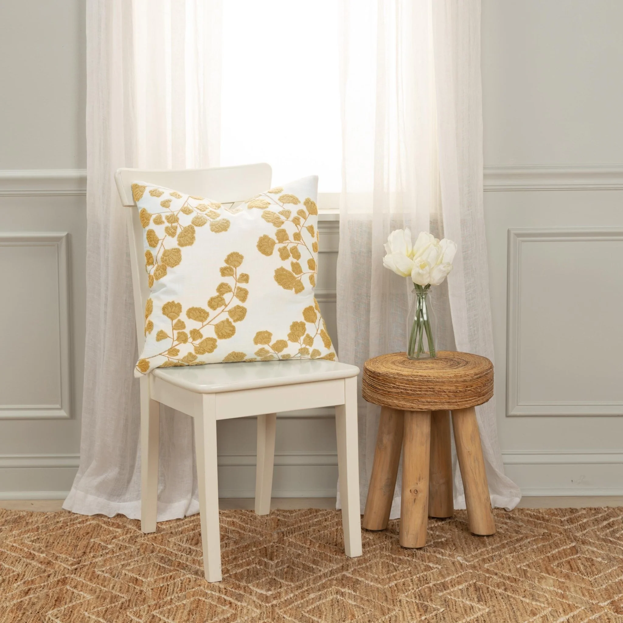 Embroidered Cotton Botanical  Decorative Throw Pillow