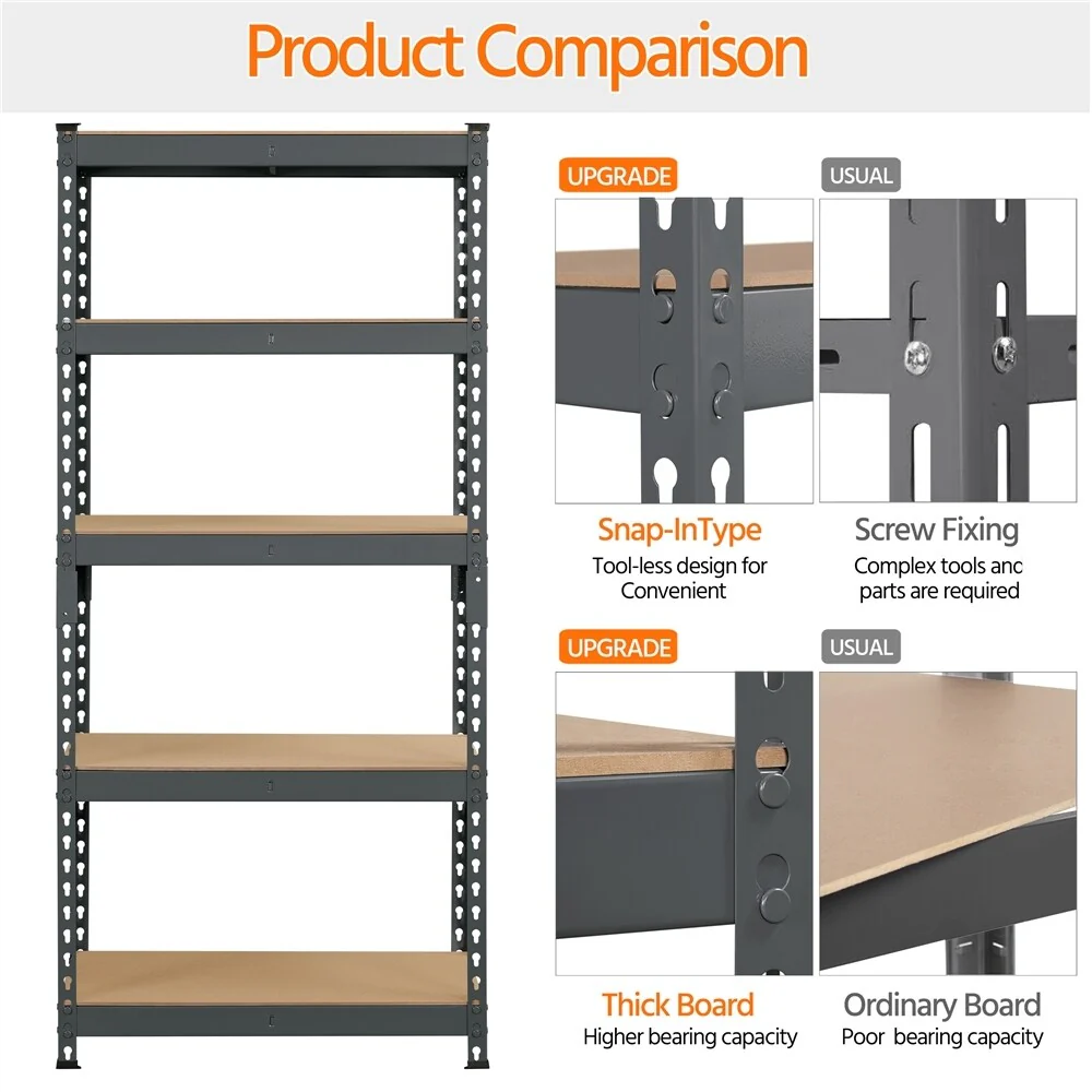 Yaheetech 5 Tiers Boltless Storage Shelf 330lb Capacity for Each Tier,Metal Frame MDF Wood Boards