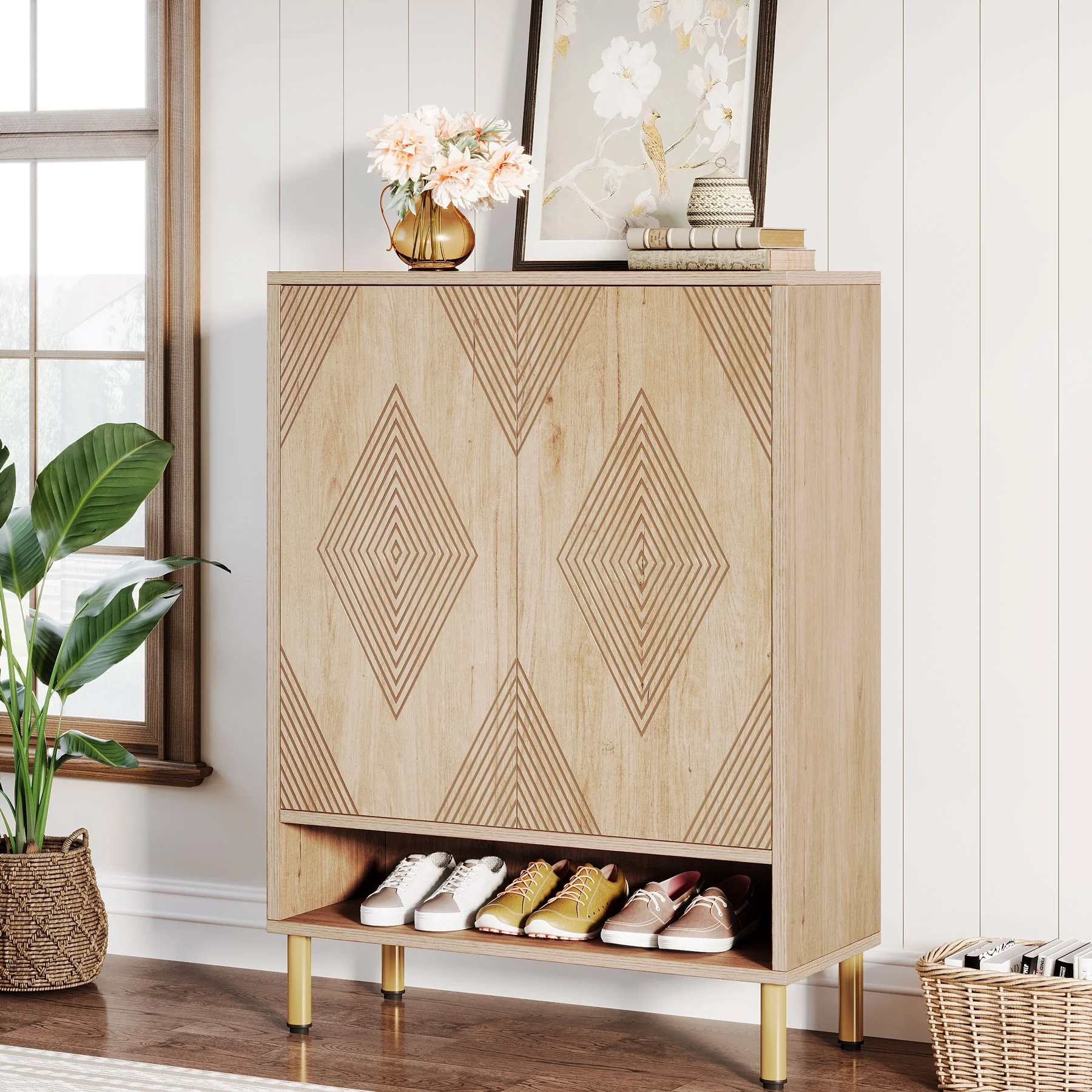 6-tier Shoe Cabinet with Doors, Wood Shoe Rack with Adjustable Shelves