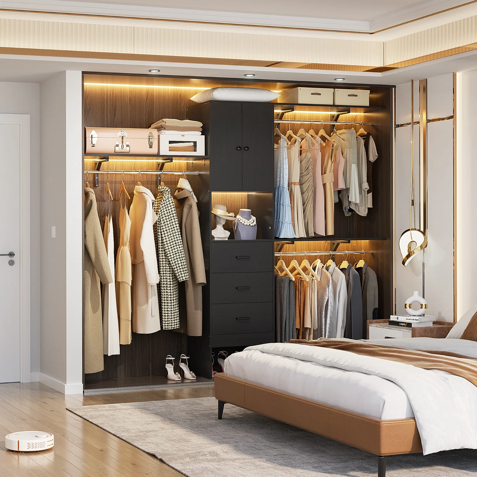 20''-96'' Wide Wooden Closet Organizer With Doors, Adjustable Closet System with Drawers and Hanging Rods
