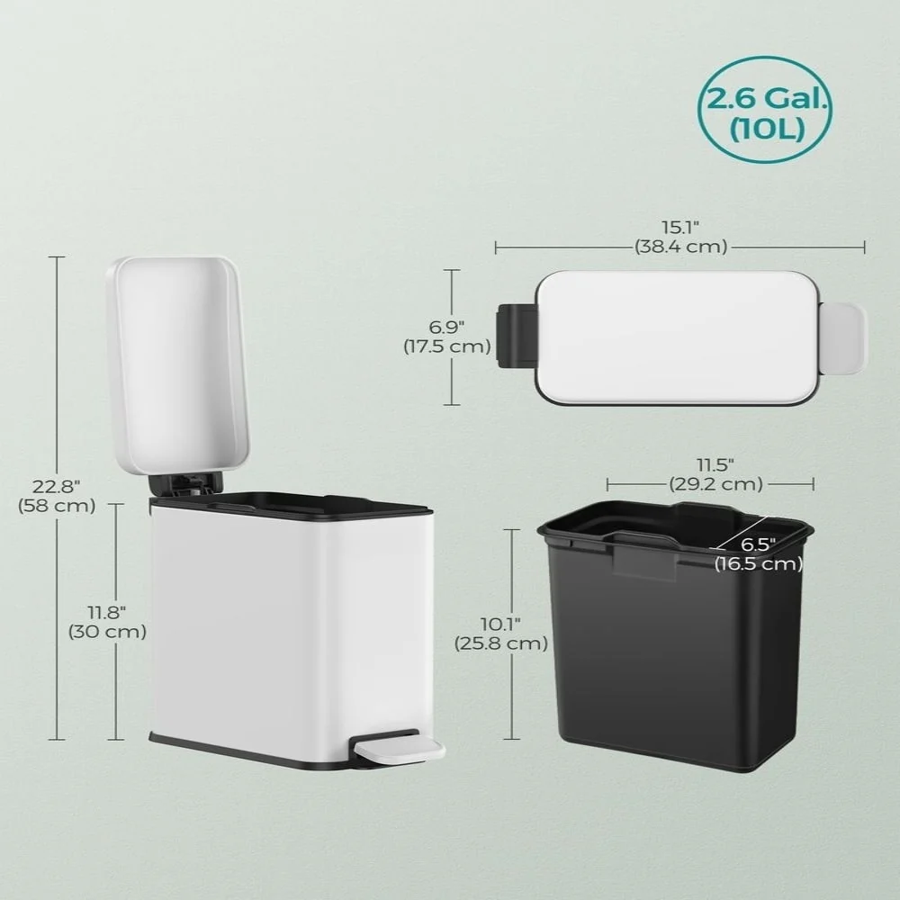 Stainless Steel Slim Bathroom Trash Can with Soft-Close Lid and Plastic Removable Inner Bucket