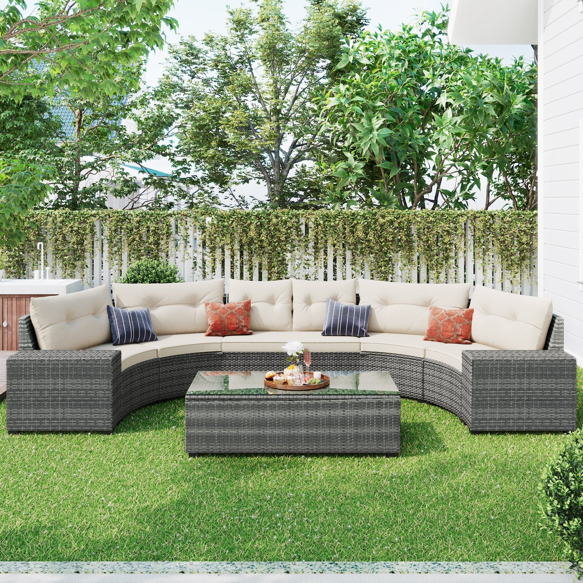 8-Piece Outdoor Wicker Round Sofa Set with Rectangular Coffee Table