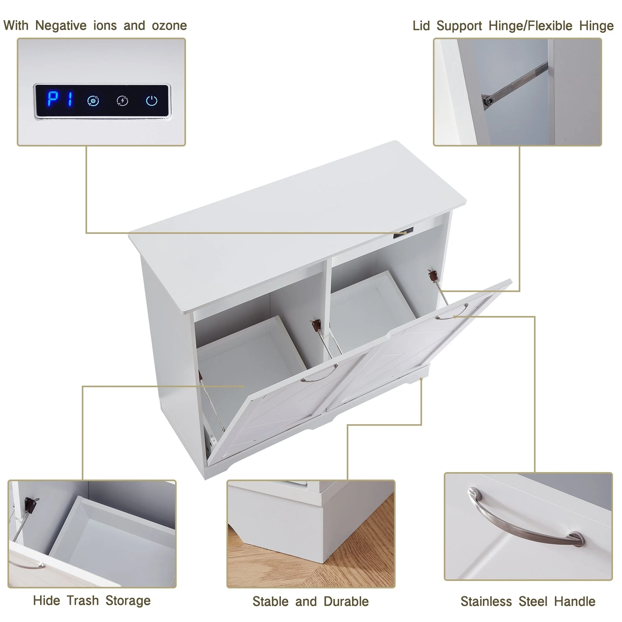 Double Tilt Out Trash Cabinet Free Standing 10 Gallon Recycling Trash Can Cabinet with negative ion and deodorizing function