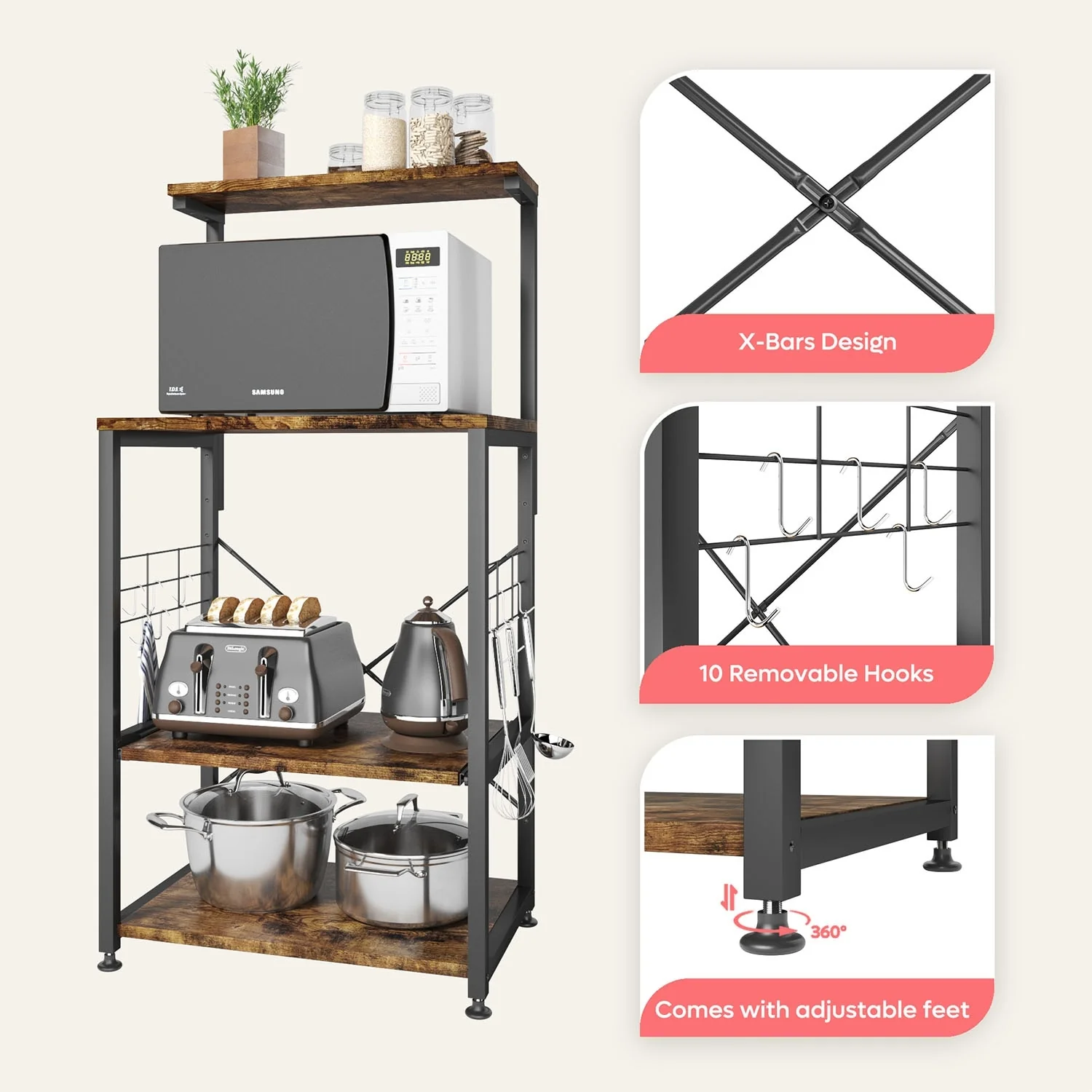 Kitchen Bakers Rack with Storage Shelves &USB Outlets, Microwave Oven Stand Kitchen Shelf Organizer