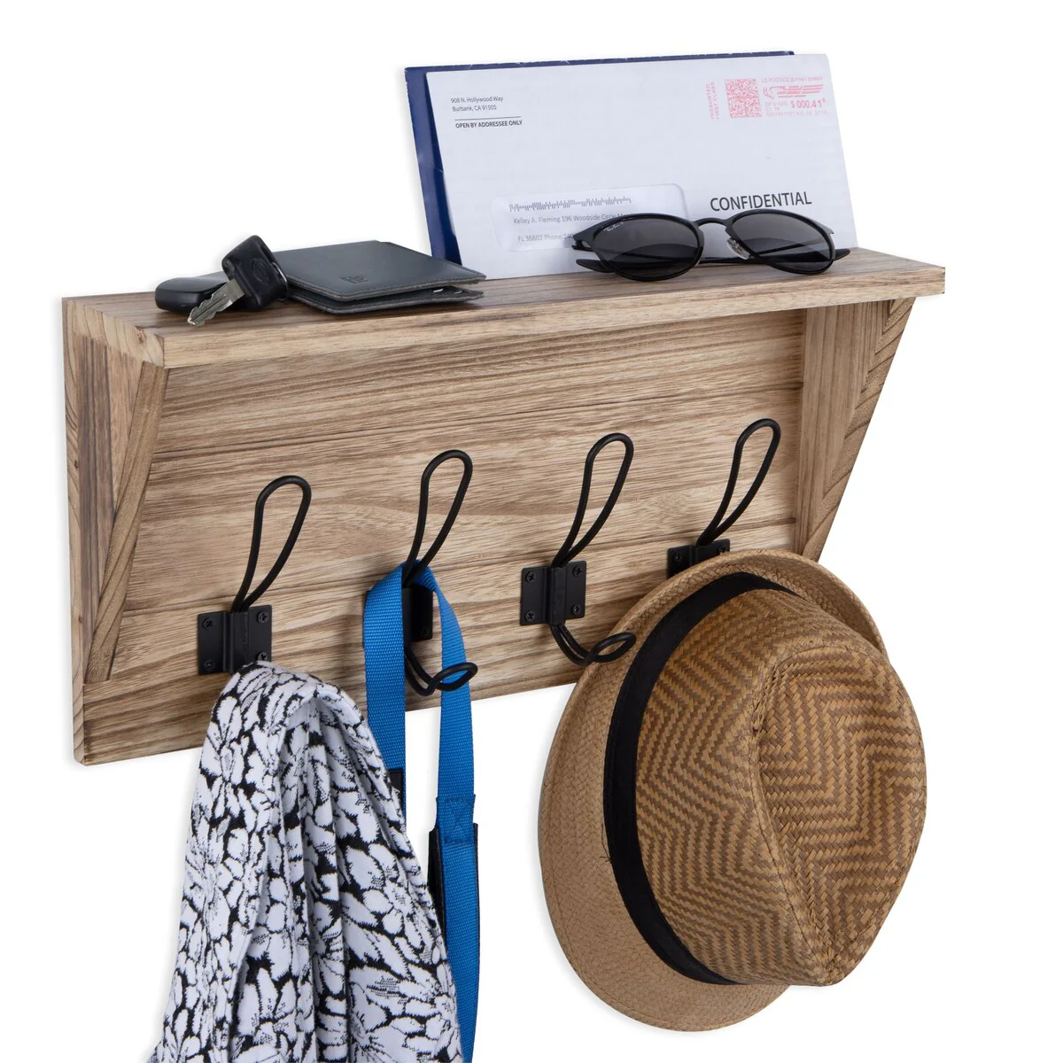 Wallniture 17'' Wood Wall Mounted Coat Rack with Shelf Entryway Mail Organizer Wood Key Holder 8 Hooks - N/A