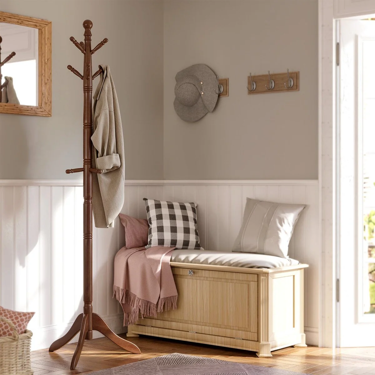 VASAGLE Coat Rack Free Standing, Wooden Hall Tree Coat Hat Tree Coat Hanger Holder Enterway with 10 Hooks
