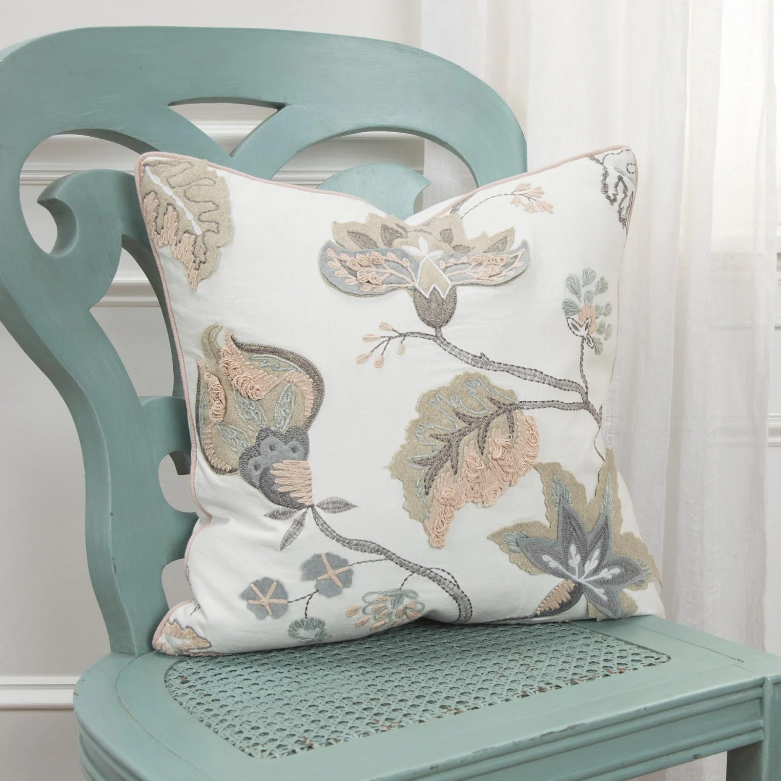 Applique And Embroidered Cotton Floral Decorative Throw Pillow