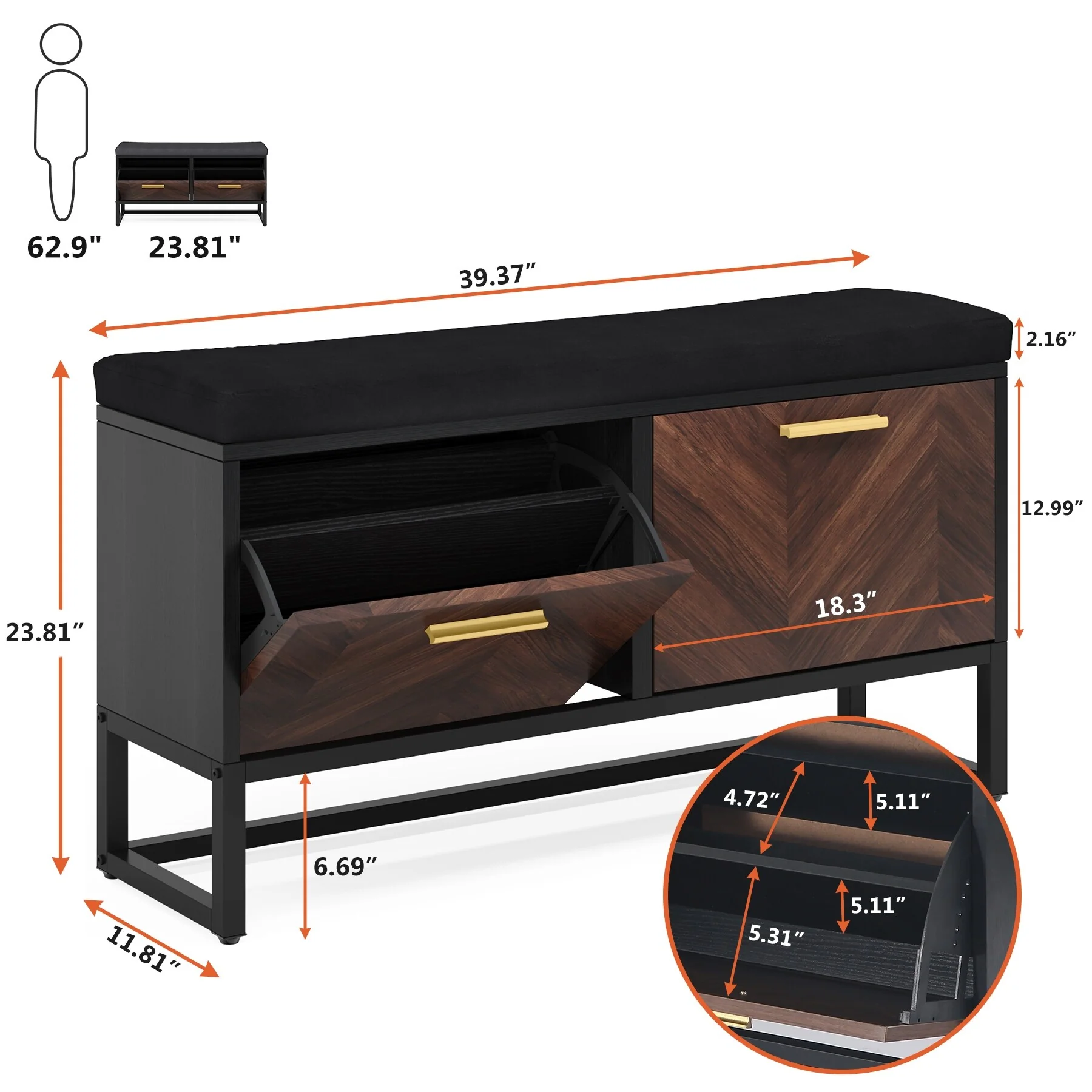 Shoe Storage Bench with Cushion, Entryway Shoe Bench with 2 Flip Drawers