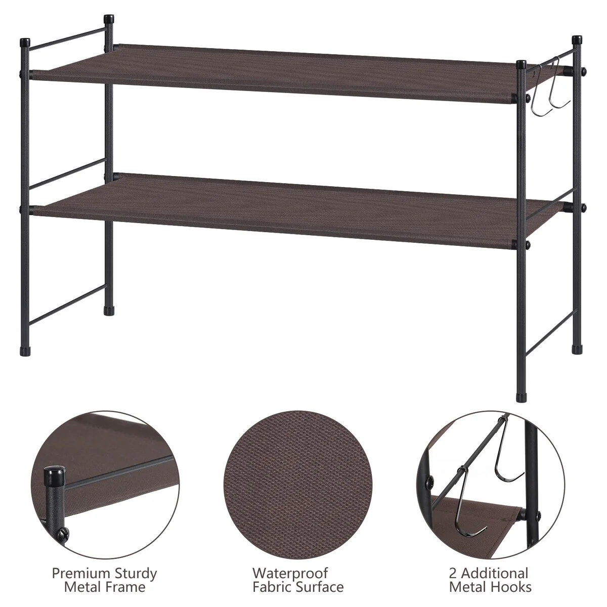 Freestanding Sturdy Fabric Shoe Rack Organizer with 2 Metal Hooks, Bronze