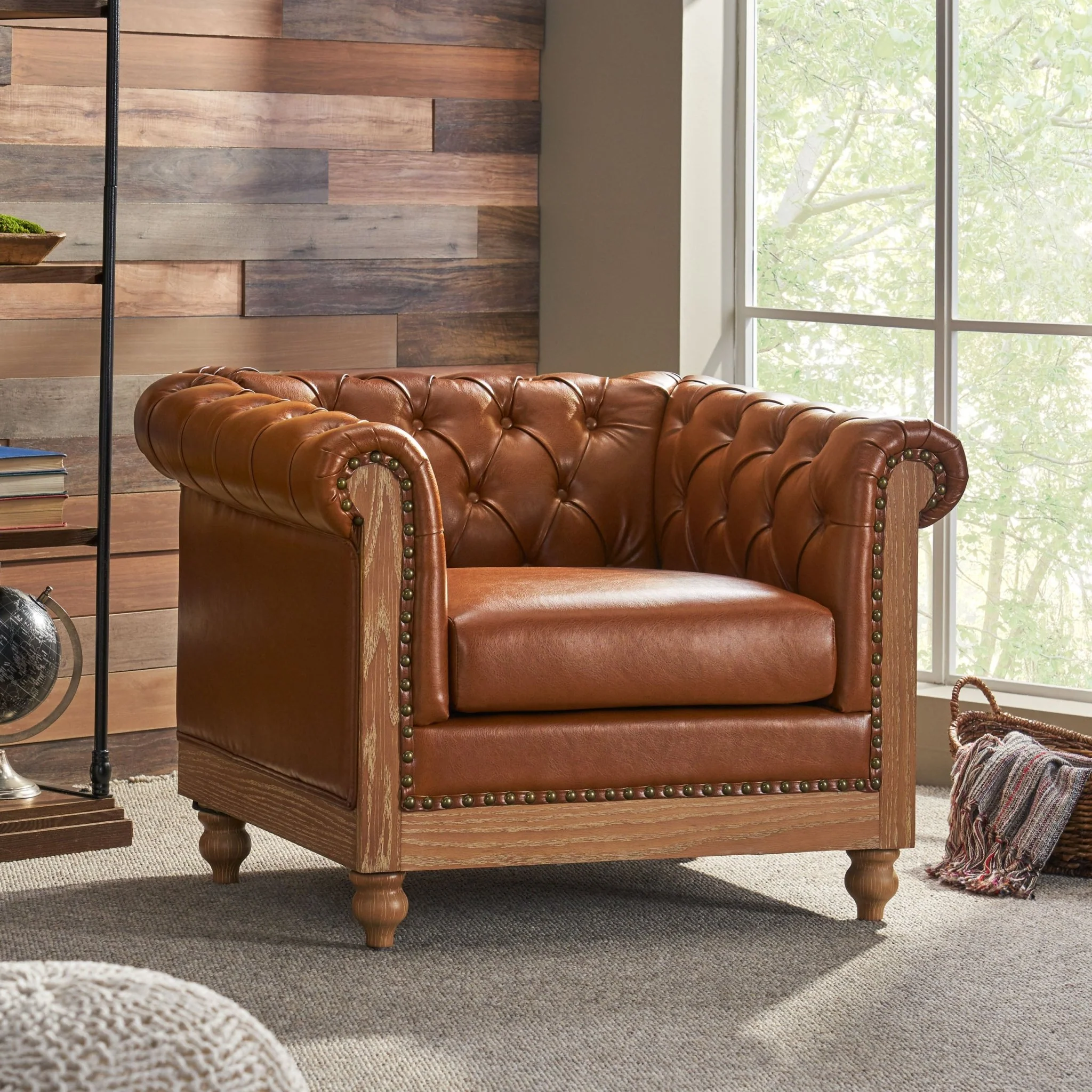 Luminex Tufted Upholstered Club Chair with Nailhead Accents and Scrolled Tuxedo Arms