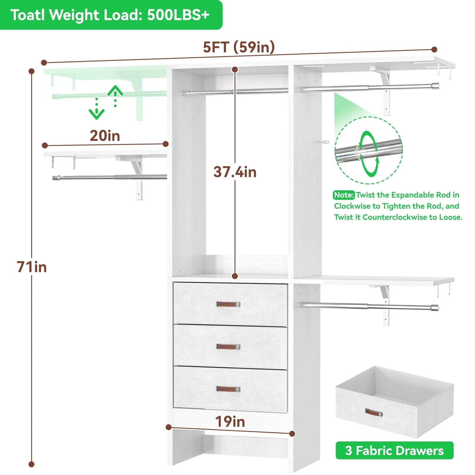 4FT Kid‘s Closet System with Fabric Drawers, DIY Closet Organizer with Adjustable Hanging Rods