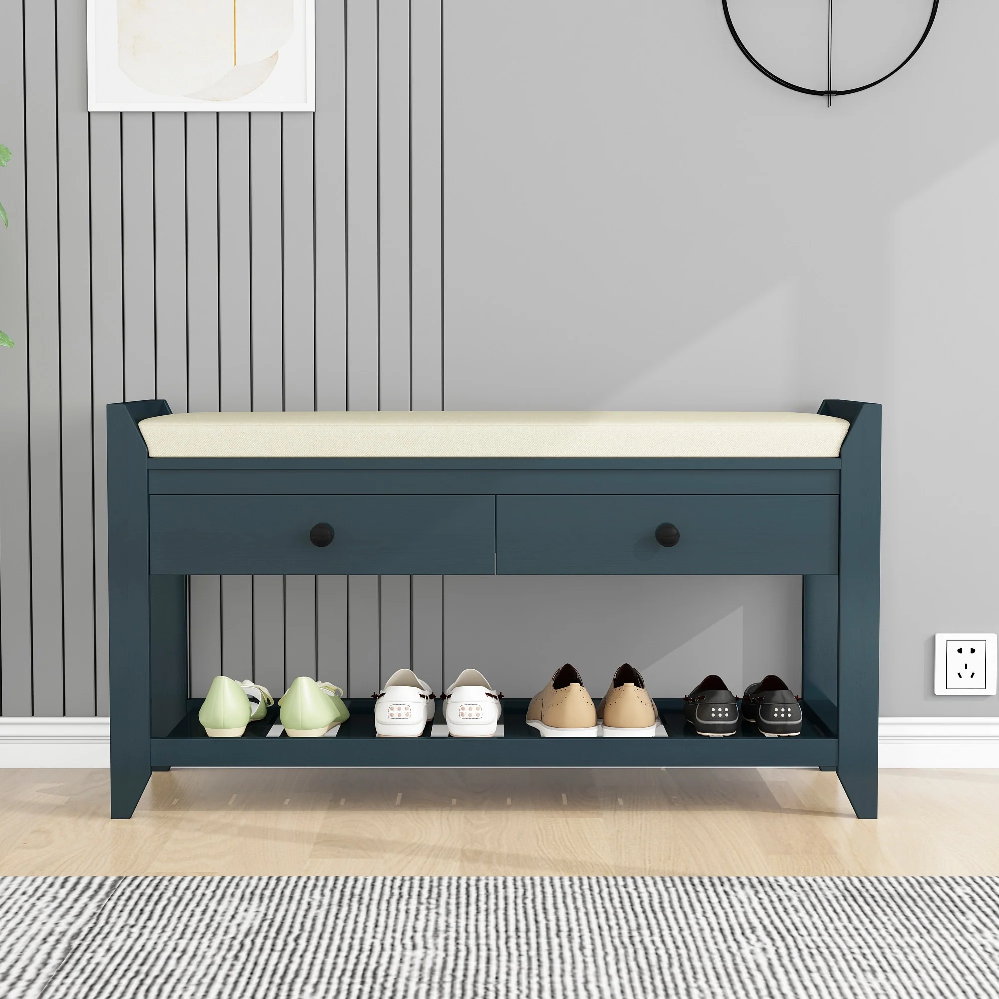 Multi-purpose Shoe Rack with Cushioned Seat and Drawers