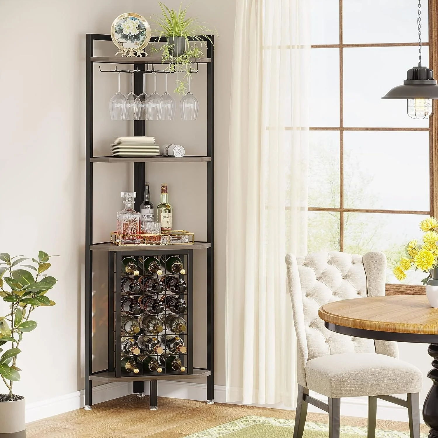 Industrial 4 Tier Corner Wine Rack with Glass Holder Corner Bar