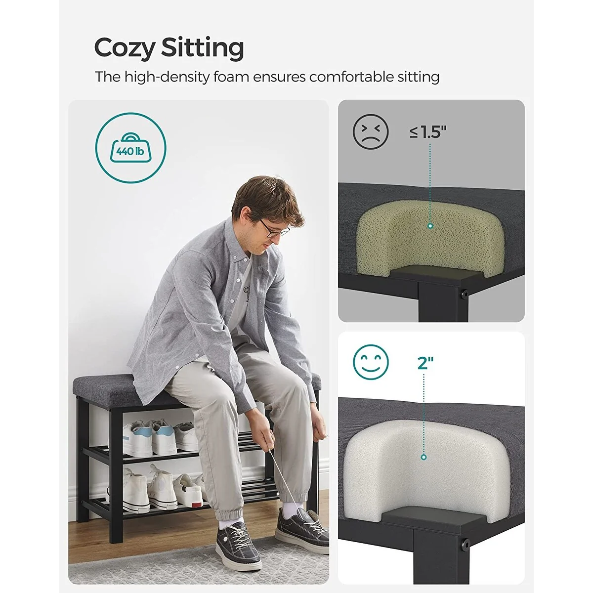 SONGMICS 3-Tier Shoe Bench, Storage Organizer with Foam Padded Seat