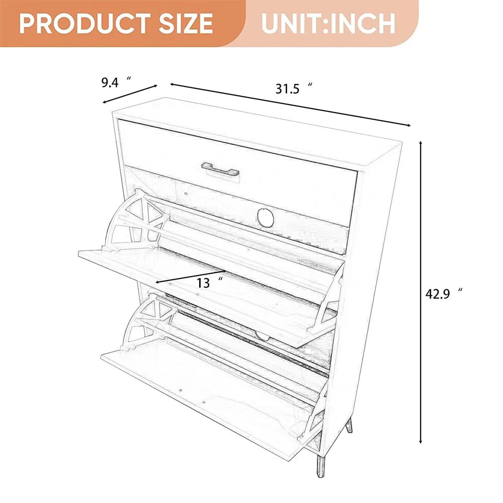 Freestanding Shoe Cabinet for Entryway, with 2 Flip Doors and Drawer - 32'W x 10''D x 43''H