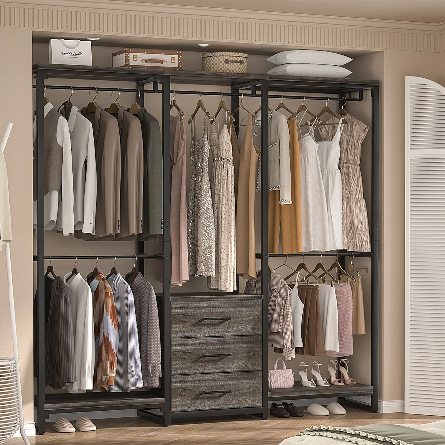 65.6'' Heavy-duty Garment Rack, Freestanding Closet Organizer with Fabric Drawers and 5 hanging Rods