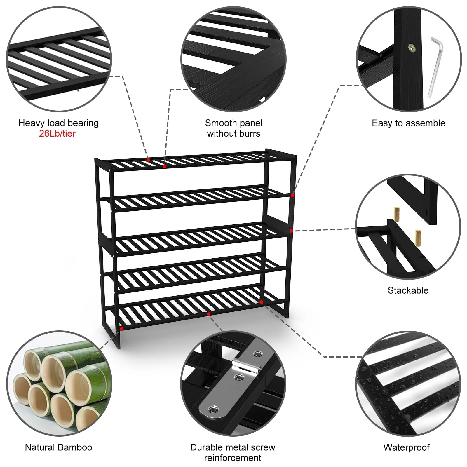 Shoe Rack Bamboo 5 Tier Shoe Organizer, Storage 20-25 Pairs for Closet, Stackable Large Tall Shoe Shelf Holder Stand Cubby
