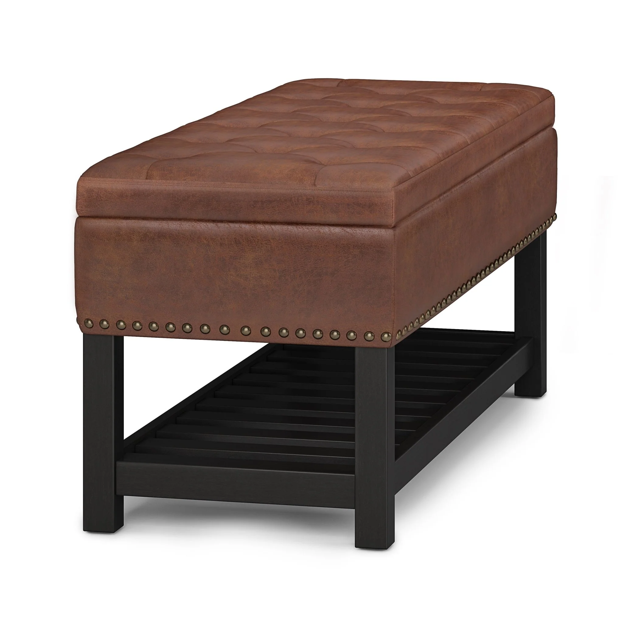 Upholstered Faux Leather Storage Ottoman with Tufted Top, Nailhead Trim and Open Bottom Shelf