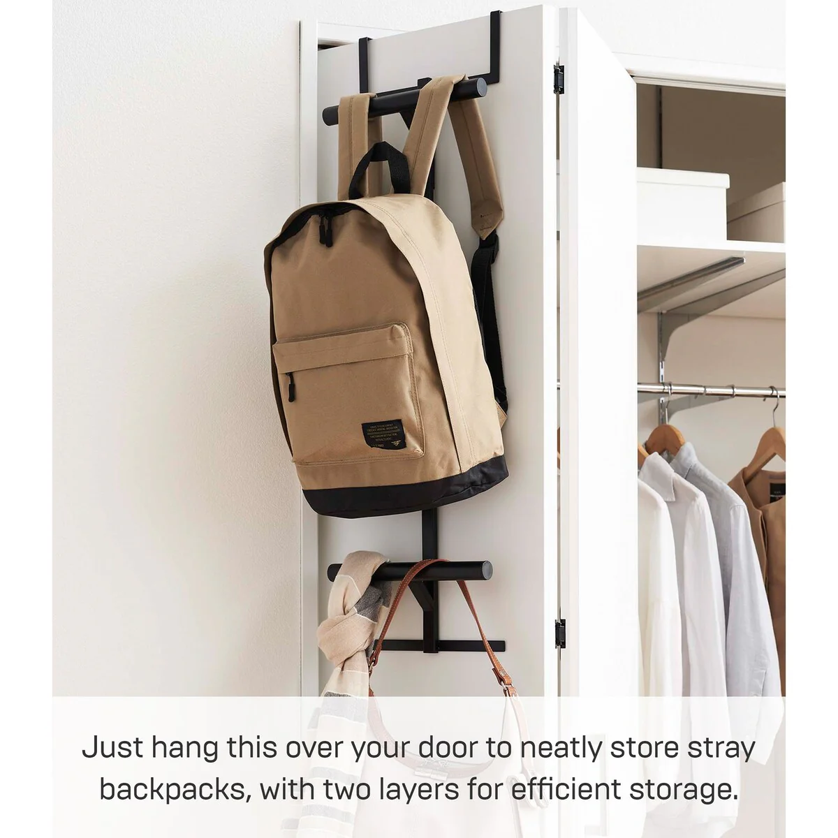 Yamazaki Home Over-the-Door Backpack Hanger, Steel, Holds 22 lbs - L 4.53 x W 10.43 x H 36.42 inches