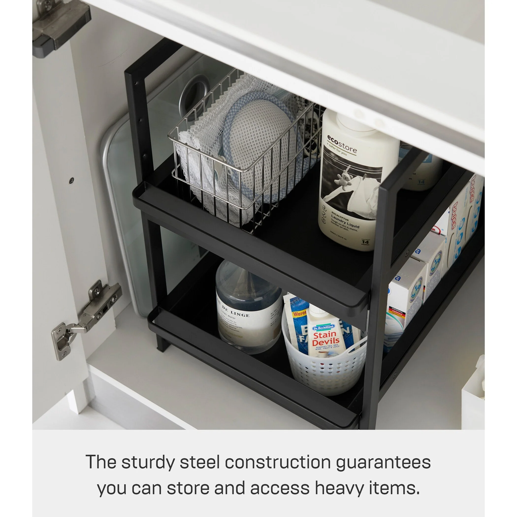 Yamazaki Home Under-Sink Rack with Pull-Out Shelf, Steel, Adjustable - L 26.97 x W 11.97 x H 17.83 inches