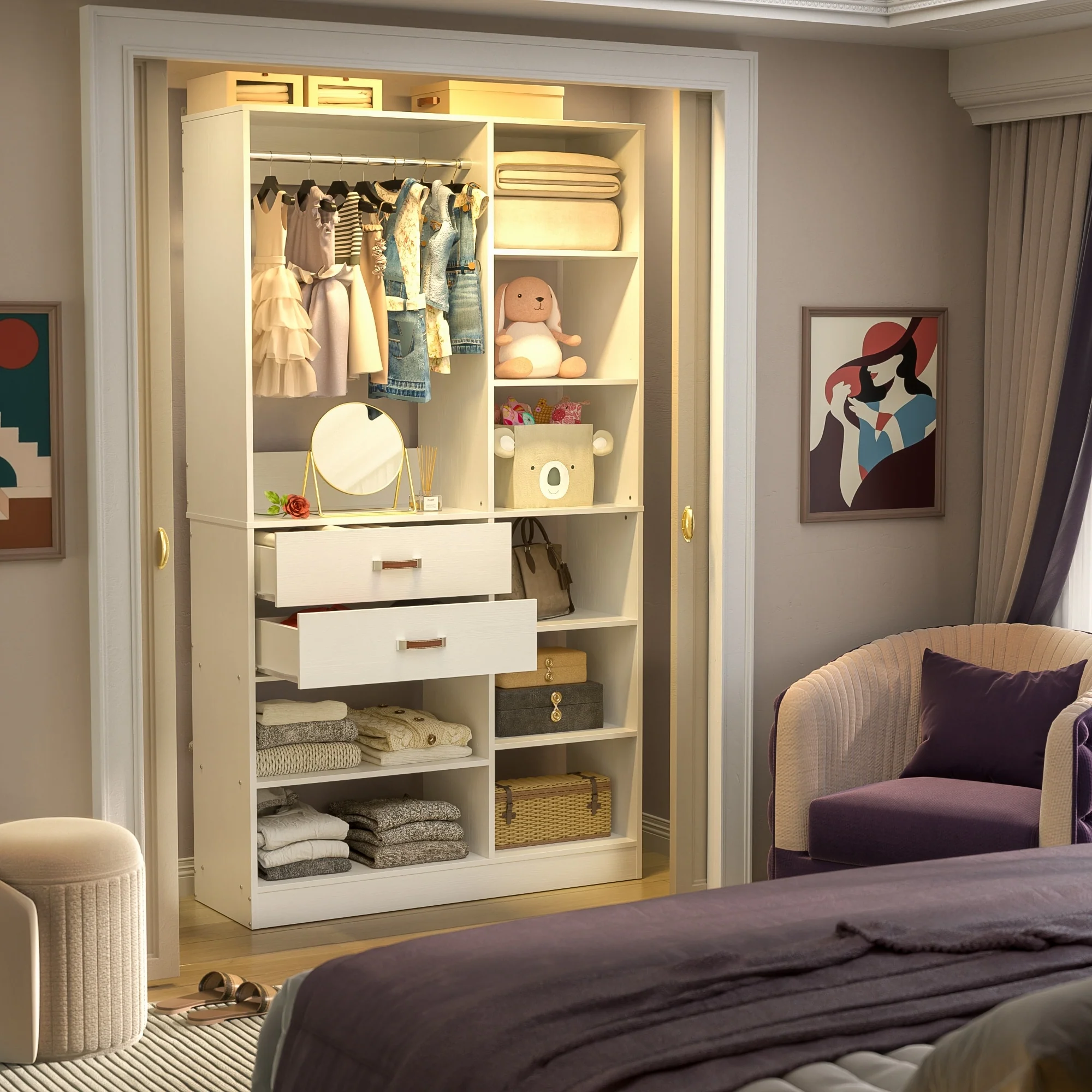 39.4''W Freestanding Walk-in Closet System with 2 Drawers and 10 Storage Shelves