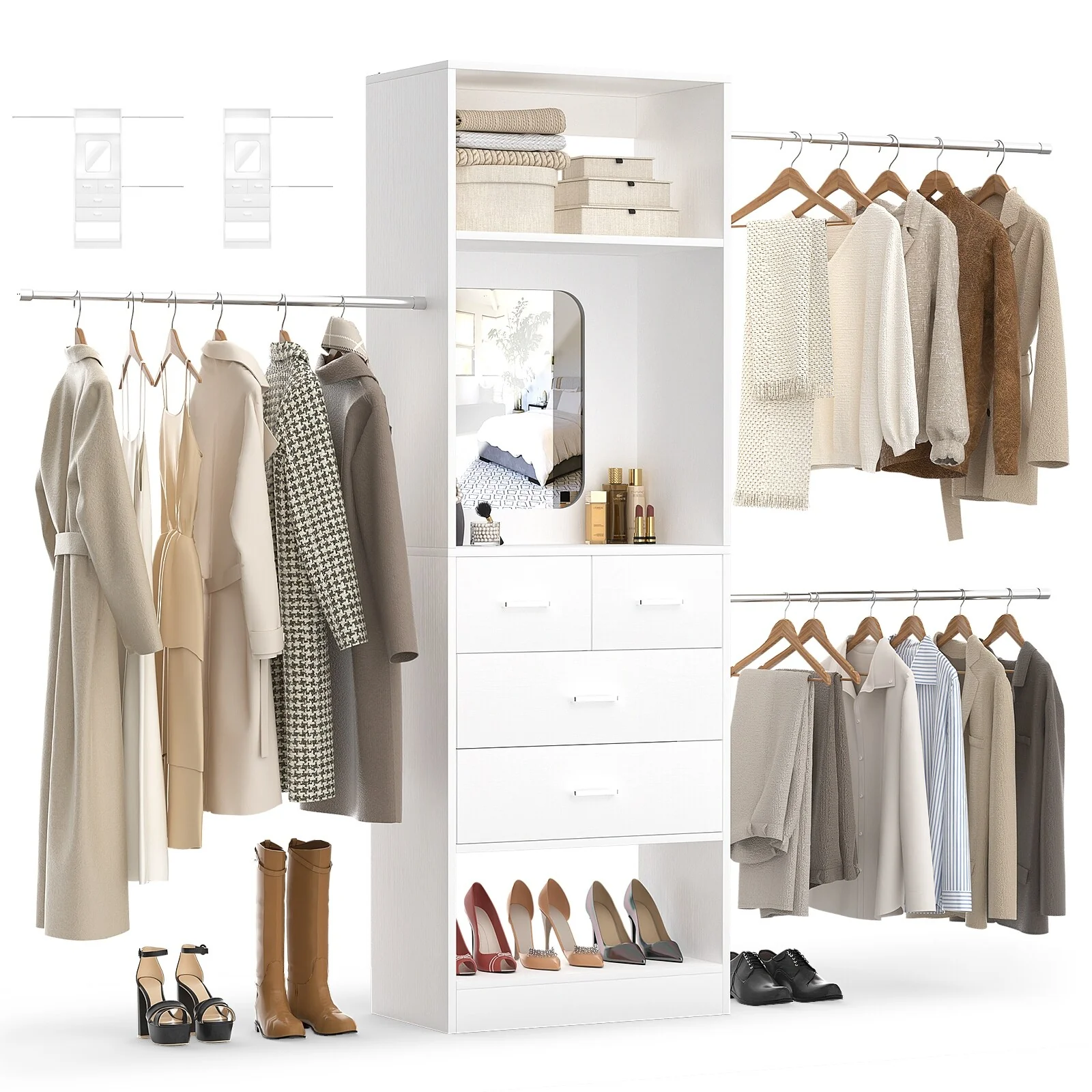 96'' W Closet System with Mirror, 8FT Walk-in Closet Organizer Kits with 4 Wooden Drawers ＆ 3 Extendable Hanging Rods