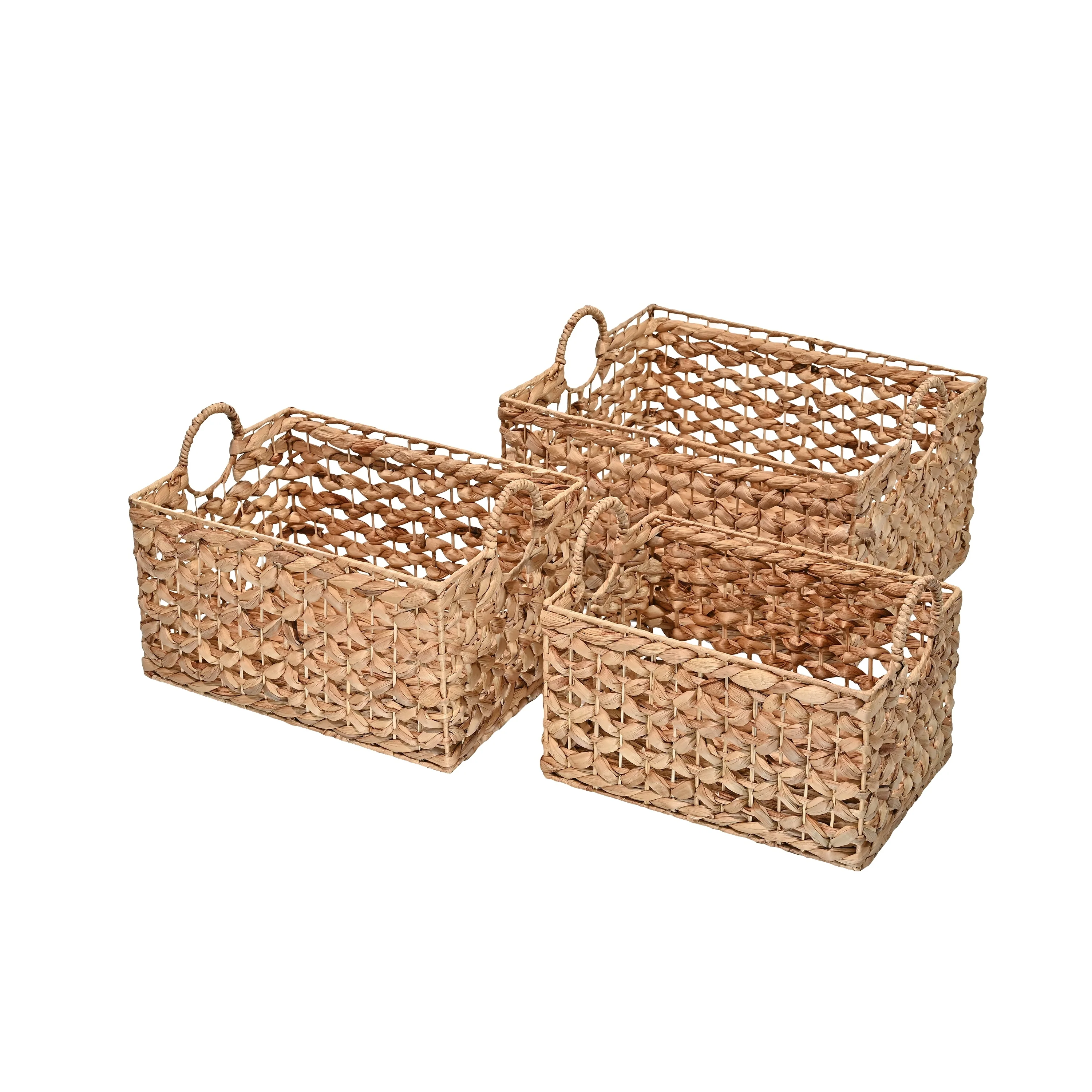 Woven Hyacinth Rectangular Storage Baskets with Handles (Set of 3)