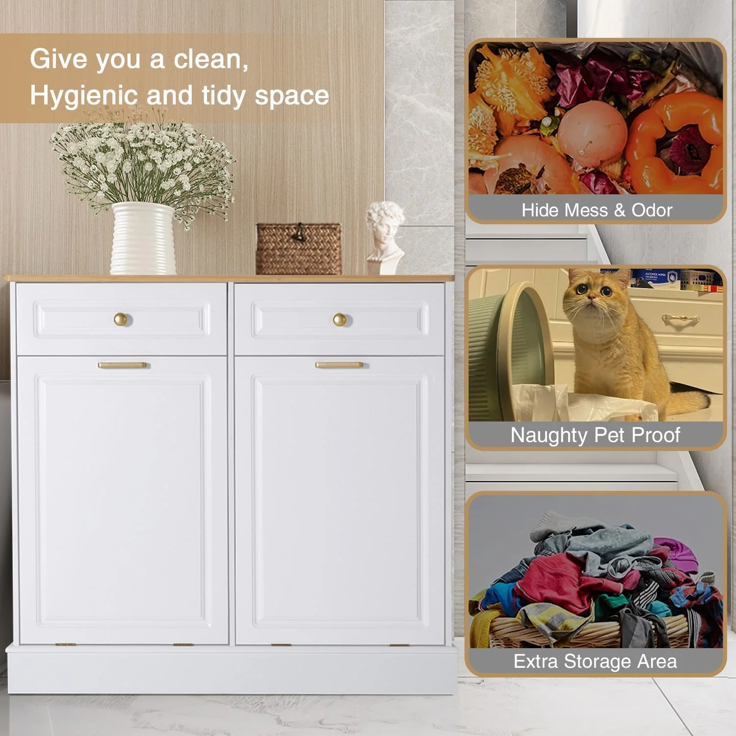 Eclife Double Tilt Out Trash Cabinet Dual Wooden Kitchen Island Recycling Cabinet Trash Can