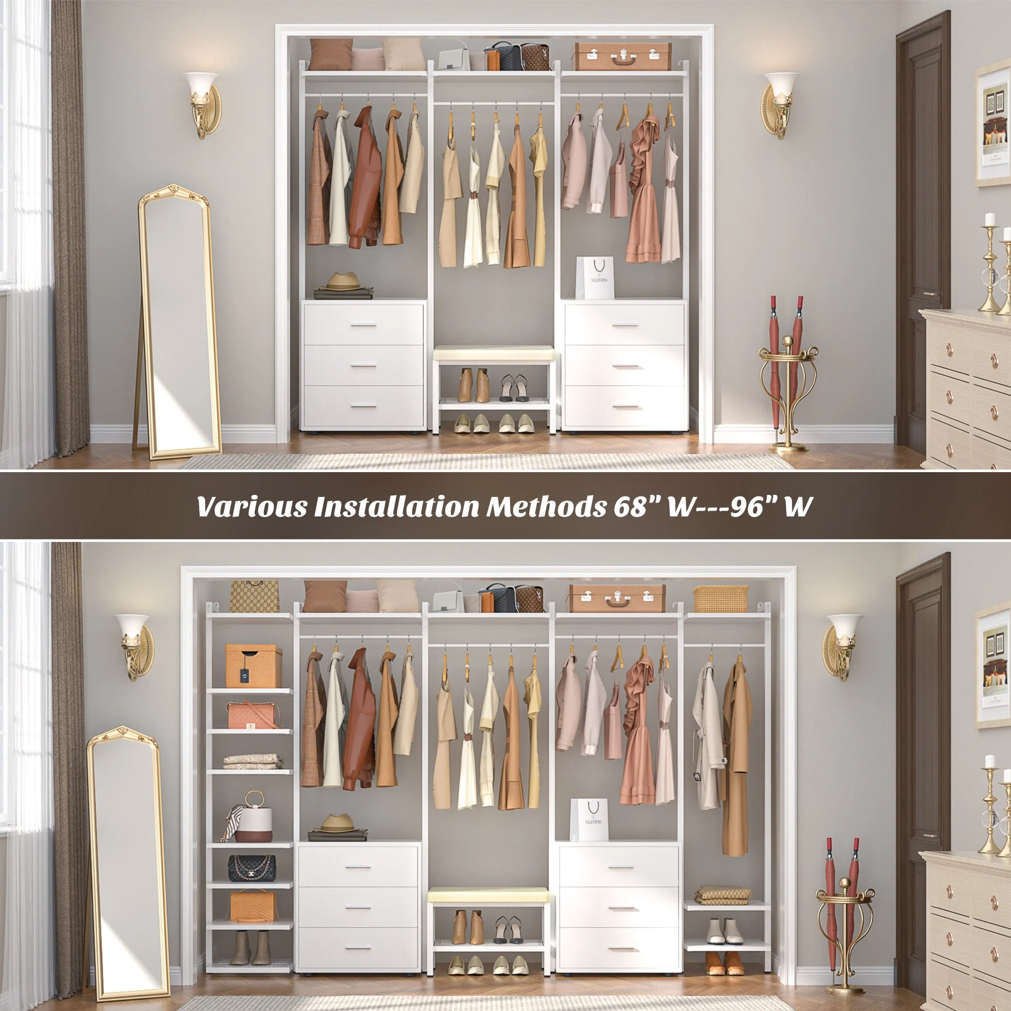 Walk in Closet System with 6 Closet Drawers, 96'' Multifunctional Clothes Rack Closet Organizer