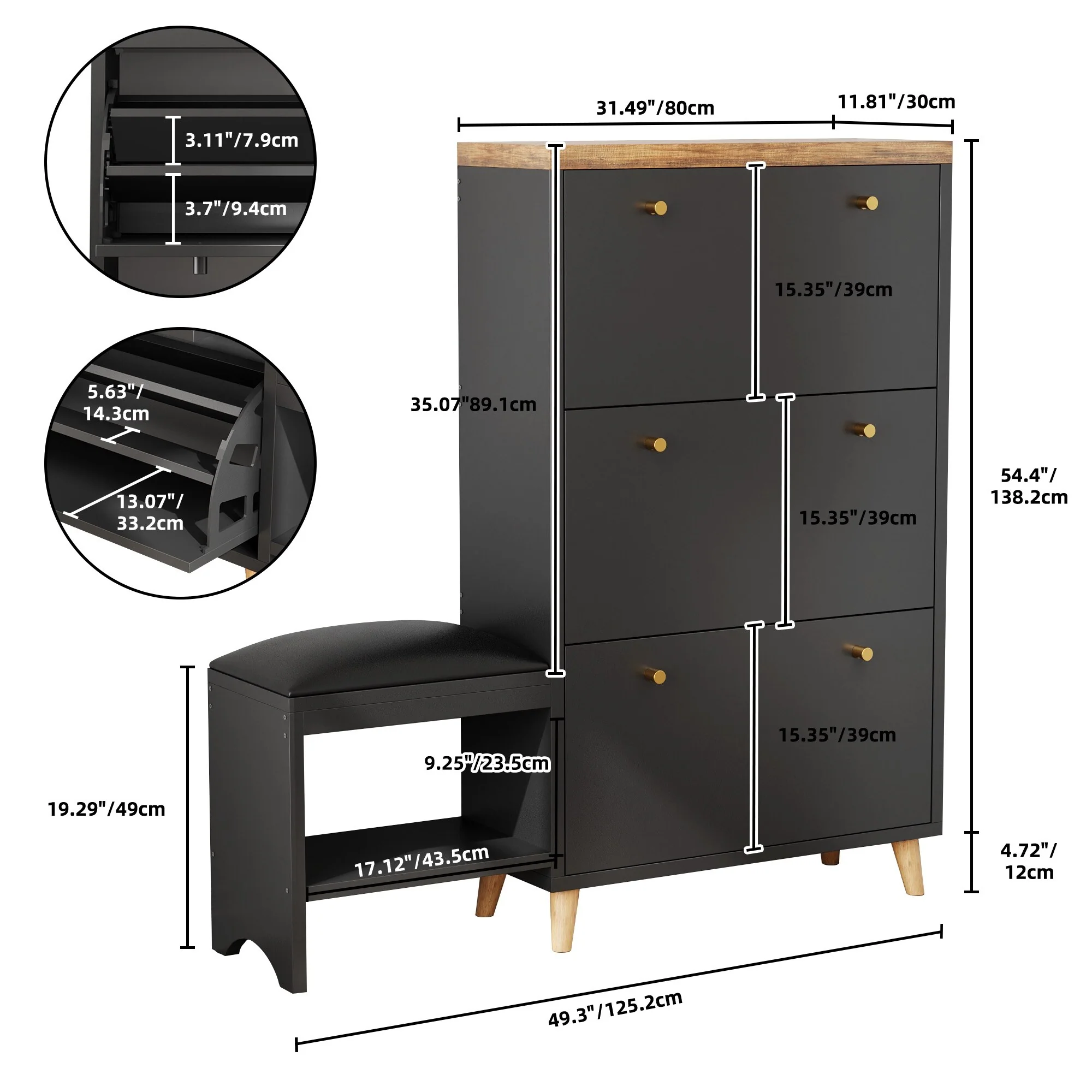 Moasis 36 Pair Shoe Storage Cabinet with 3 Flip Drawers and Shoe Bench