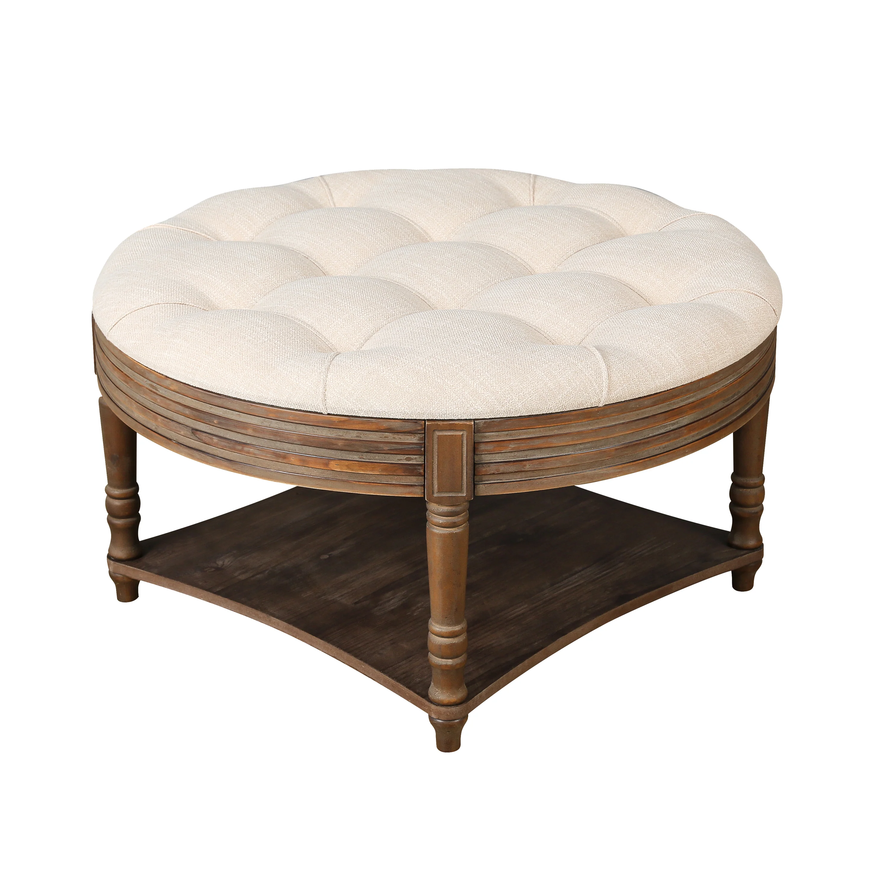 Captains Large Round Upholstered Ottoman with Bottom Shelf