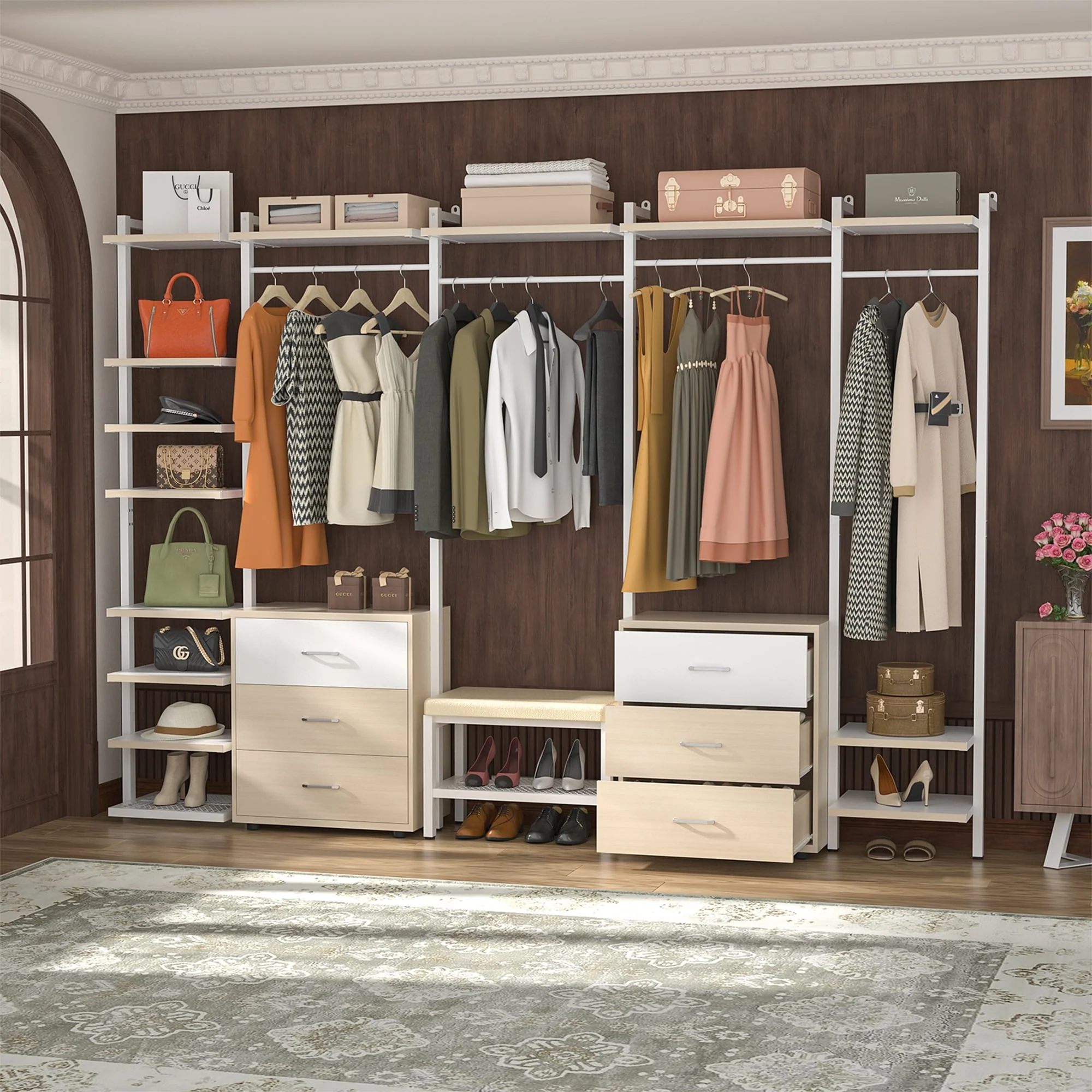 Walk in Closet System with 6 Closet Drawers, 96'' Multifunctional Clothes Rack Closet Organizer