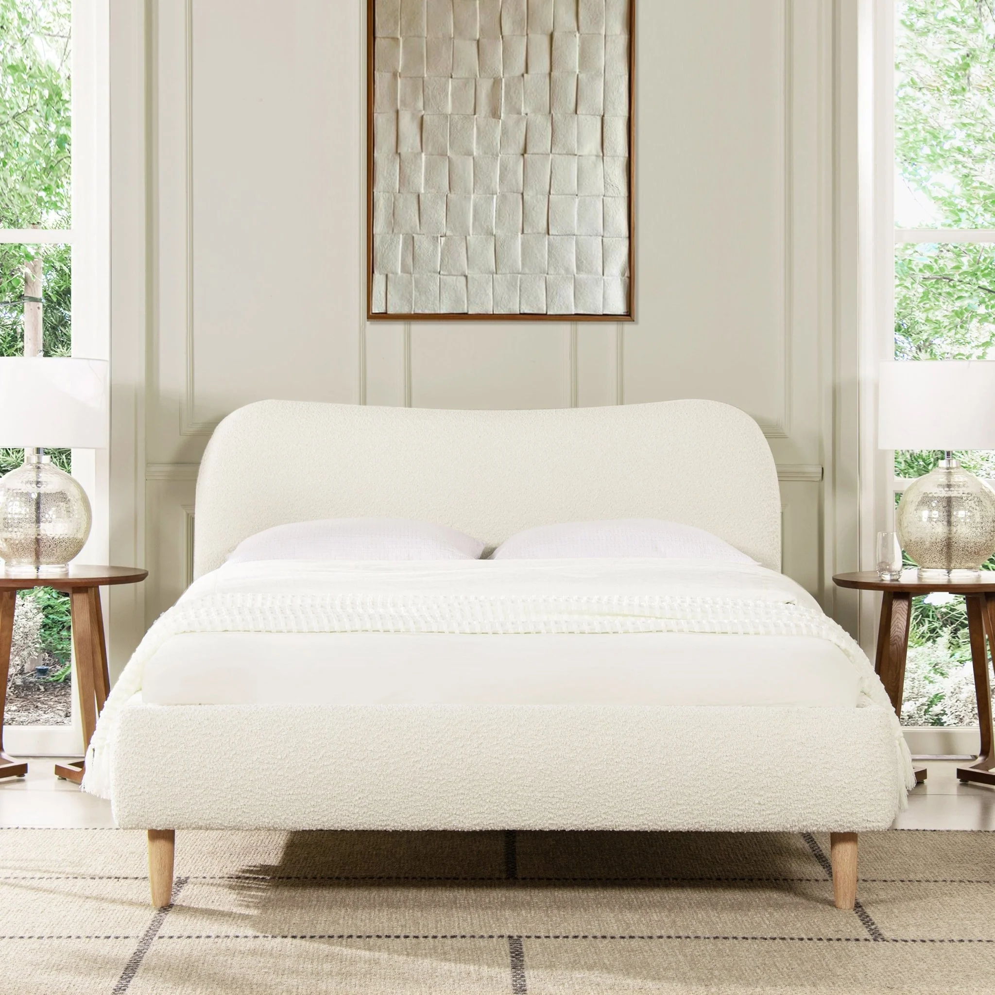 Enchantr Upholstered Platform Bed with Curved Headboard and Wood Frame
