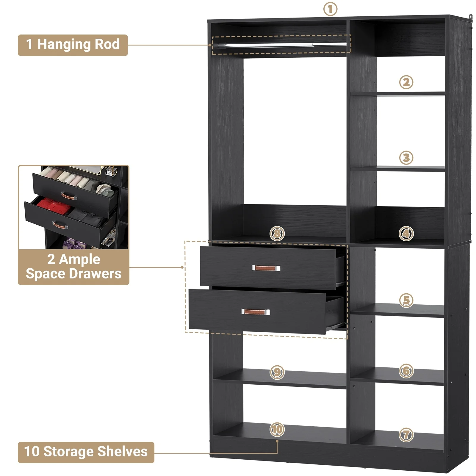 Vryon 40'' W Freestanding Closet System with 10 Storage Shelves and 2 Drawers and 1 Hanging Rods