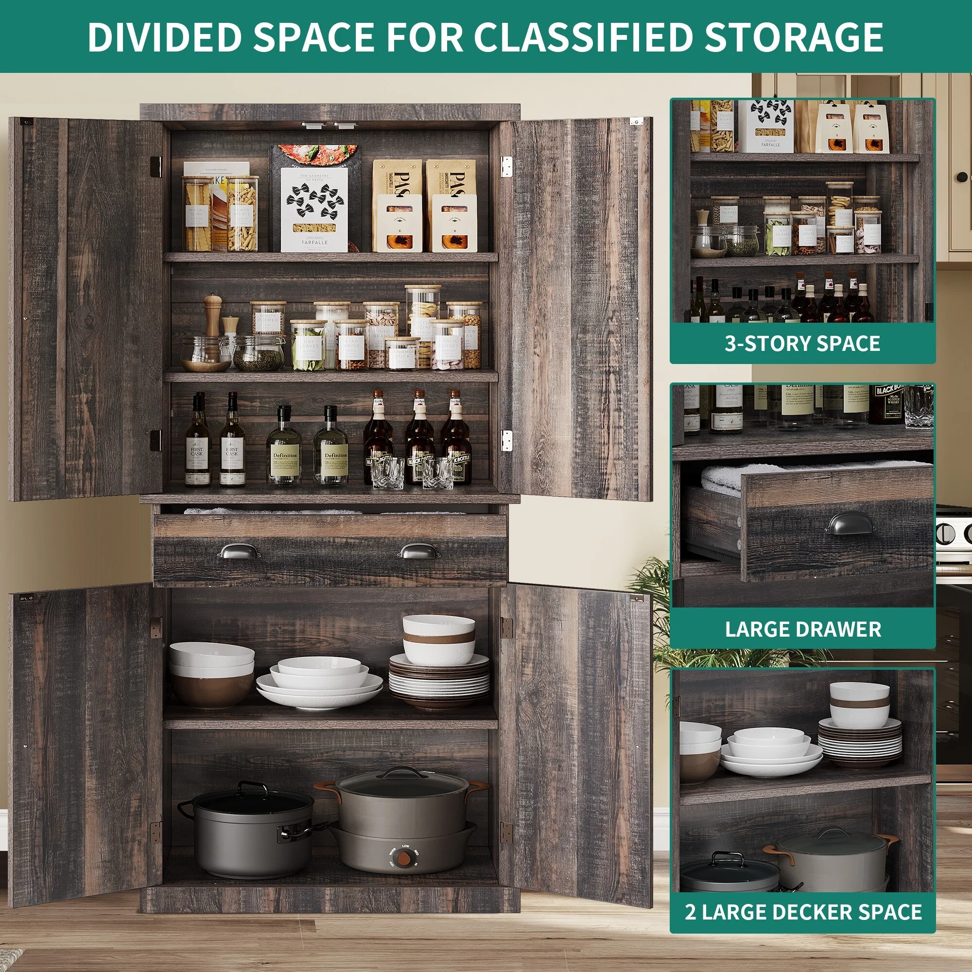 Moasis Farmhouse Traditional Freestanding Kitchen Pantry Storage Cabinet Cupboard