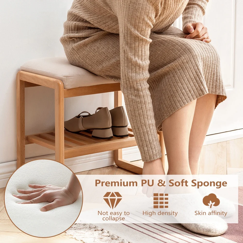 Solid Wood Shoe Bench with Sponge Cushion, Shoe Rack for Entryway - 23