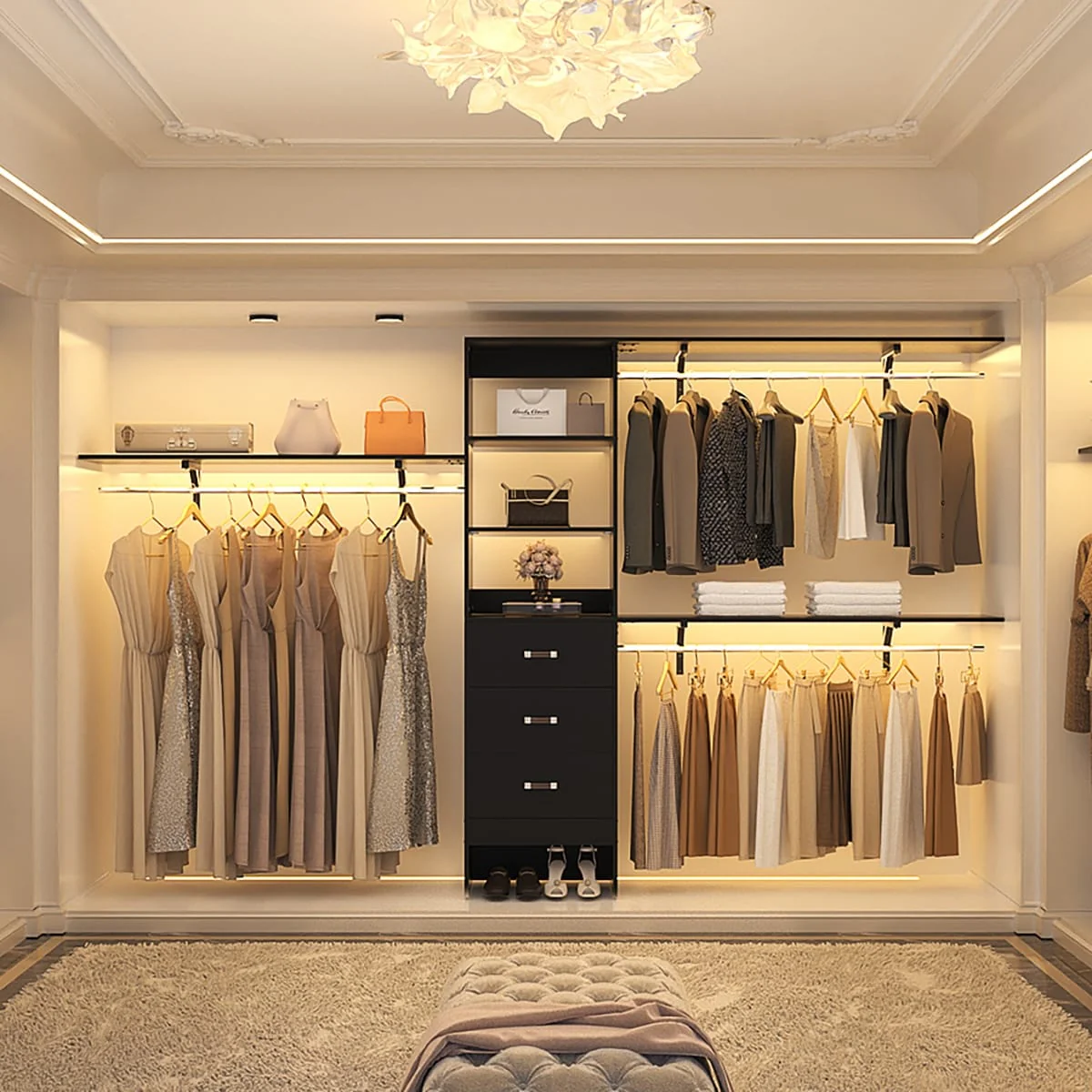 Rackcog 120'' Closet Organizer with Drawers, Closet System with DIY Shelves for Reach-in and Walk-in Closet