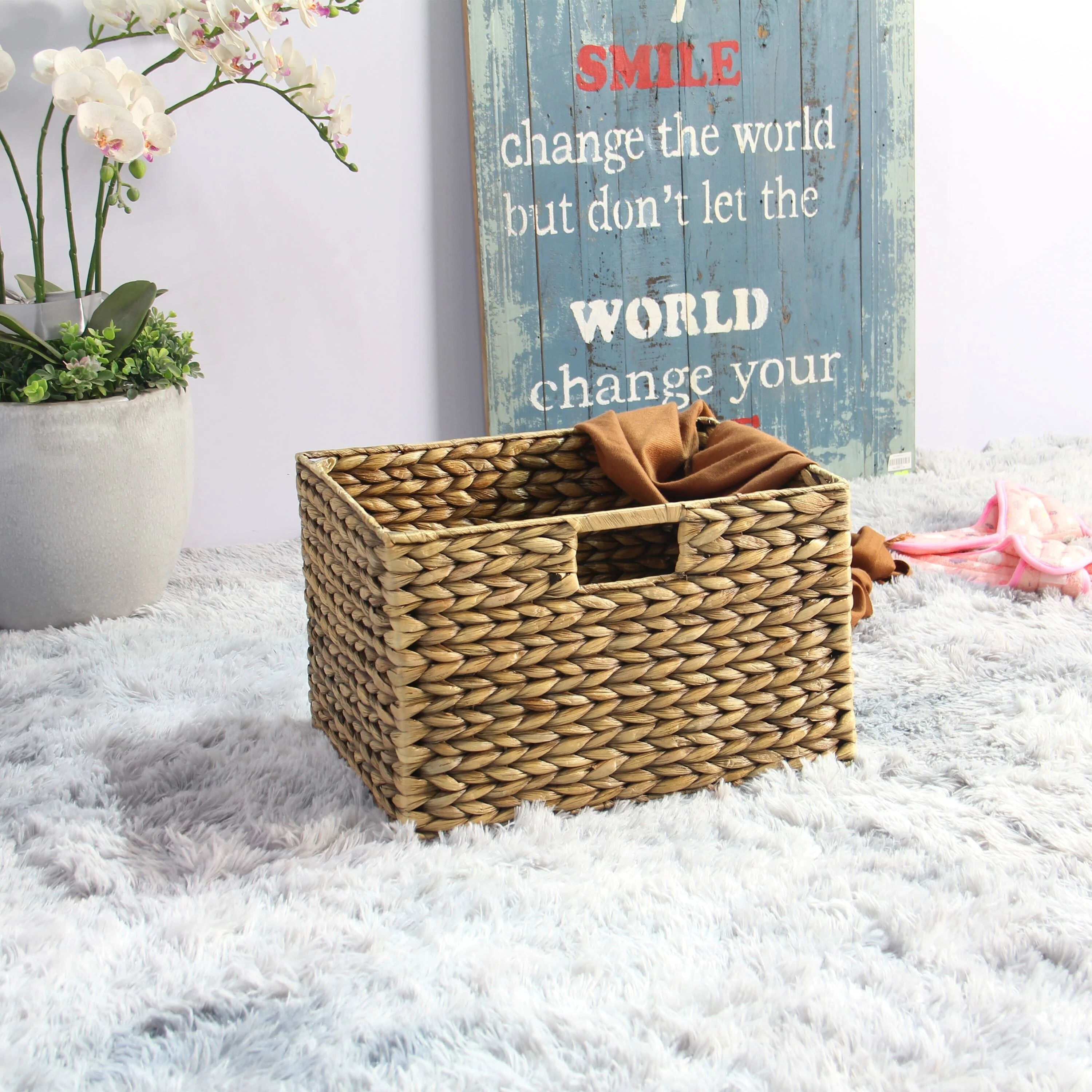 M4H Brae Solid Wood Natural Water Hyacinth Basket Storage Ottoman