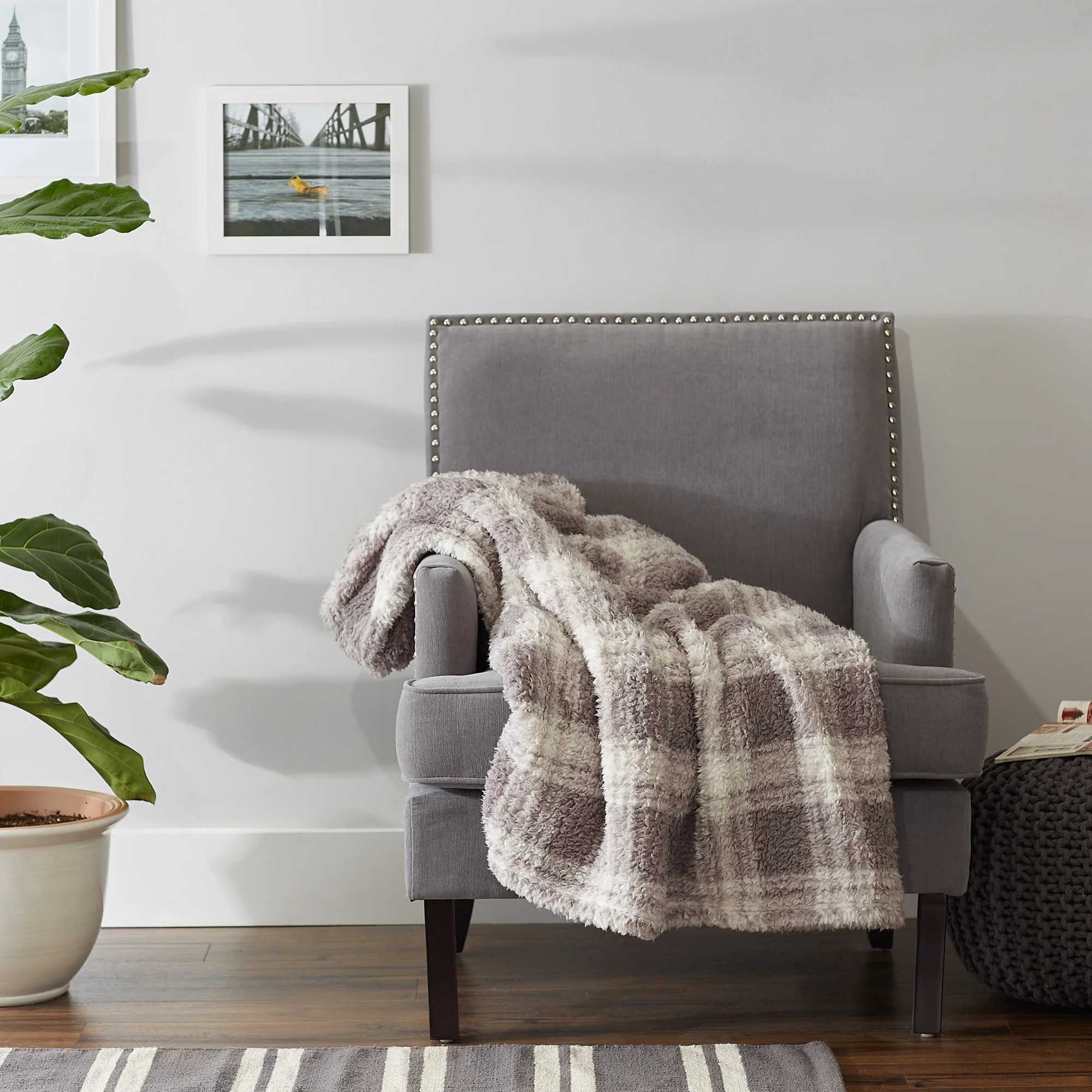 Gray Farmhouse Plush Plaid Throw