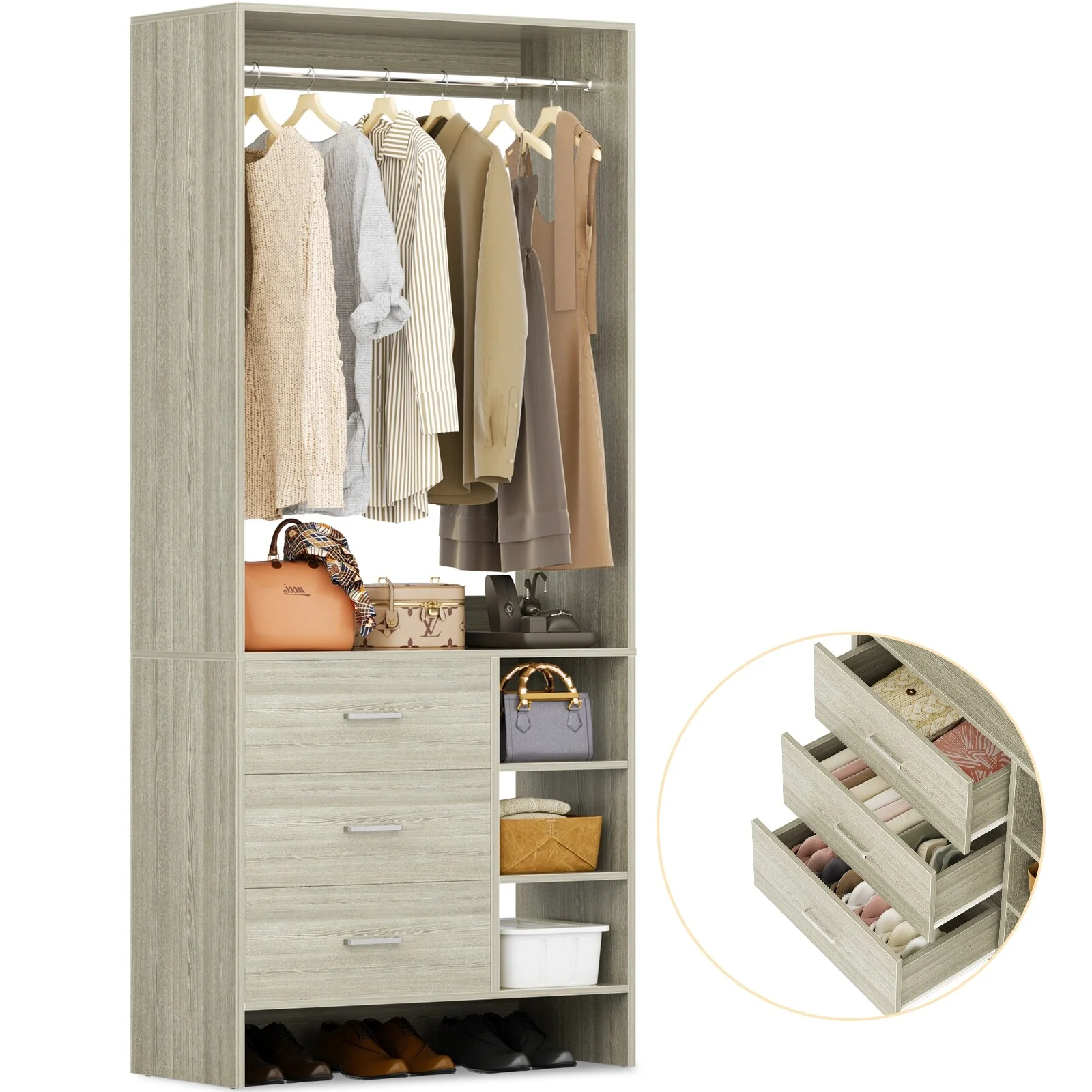 Cimly 30'' W Freestanding Closet Sytem with Hanging Rod, Closet Organizer with Drawers and Shelves