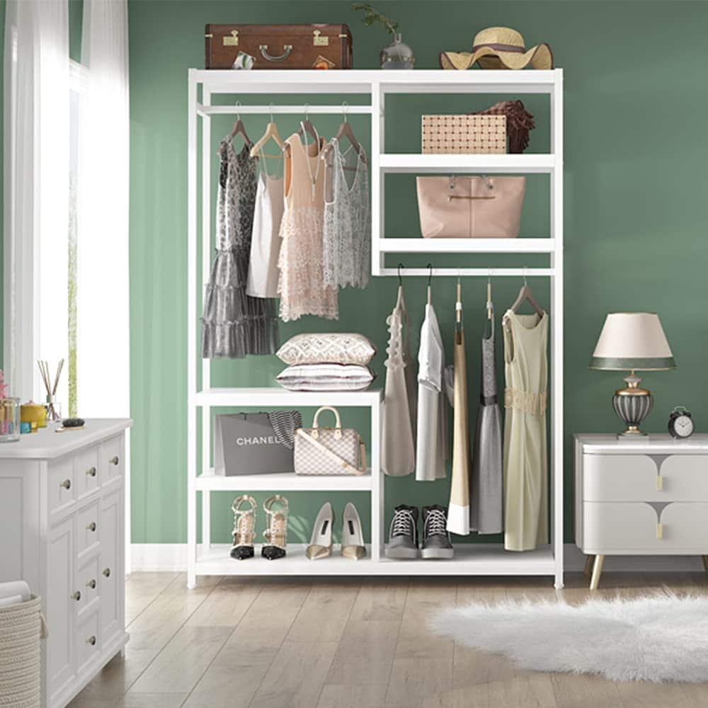 Freestanding Closet Organizer Garment Rack with Hanging Rod and Storage Shelf