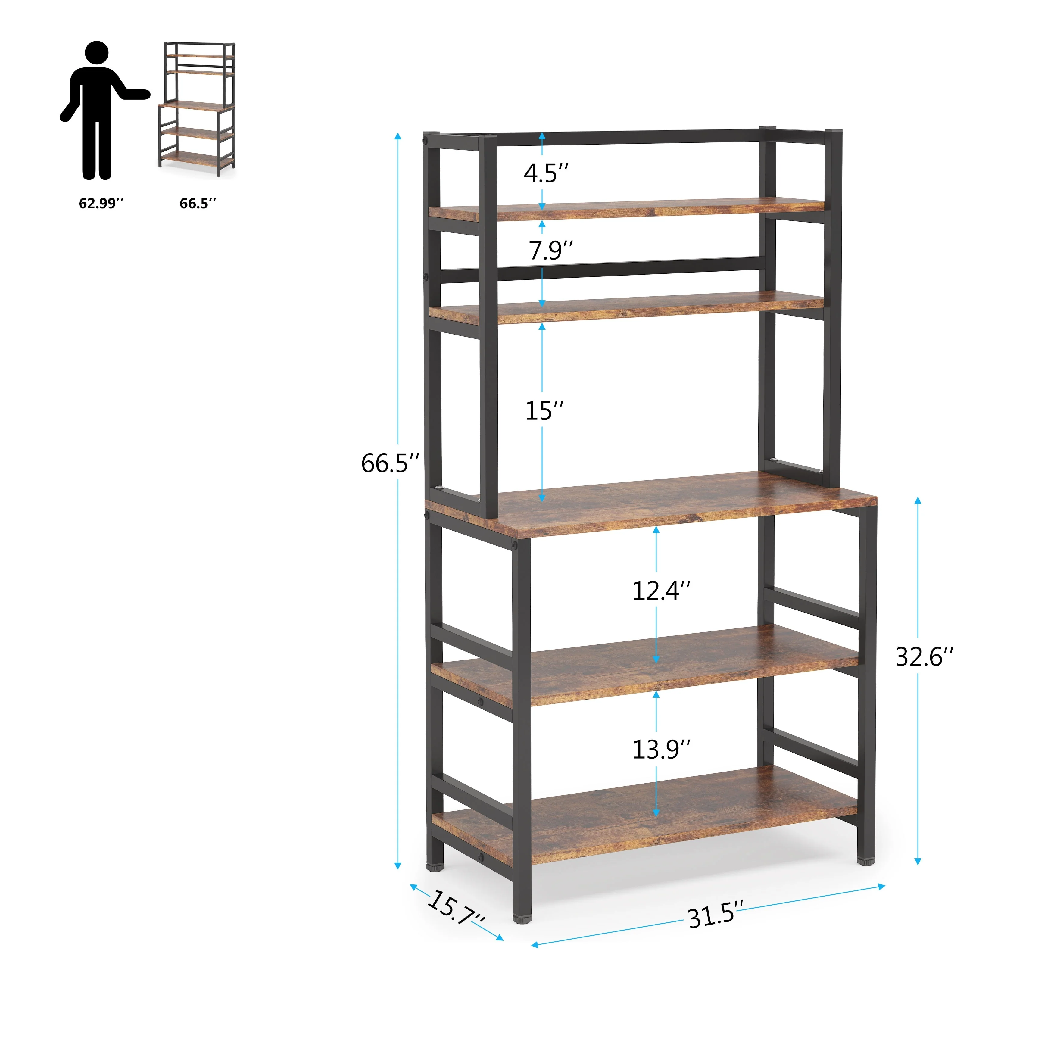 5-Tier Kitchen Bakers Rack with Hutch,Utility Storage Shelf - 31.5 x 15.75 x 62.99 inches