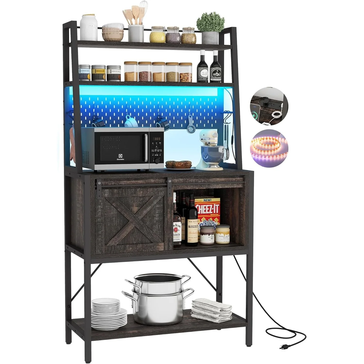 Moasis 5 Tier Kitchen LED Bakers Rack with Sliding Storage and Shelves Bar Table with Power Outlet