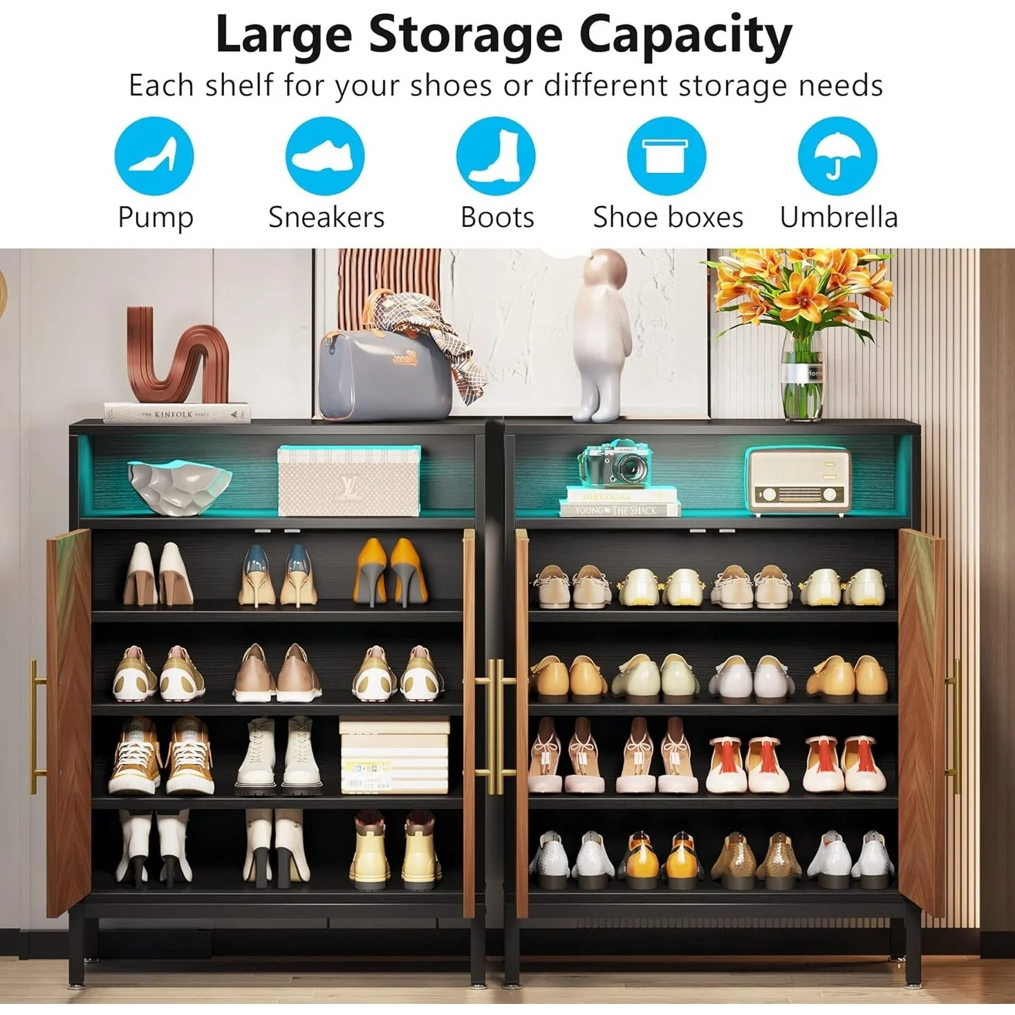 16 Pairs Shoe Cabinet with Doors, 5-tier Entryway Cabinet with Led Light, Free Standing Shoe Racks