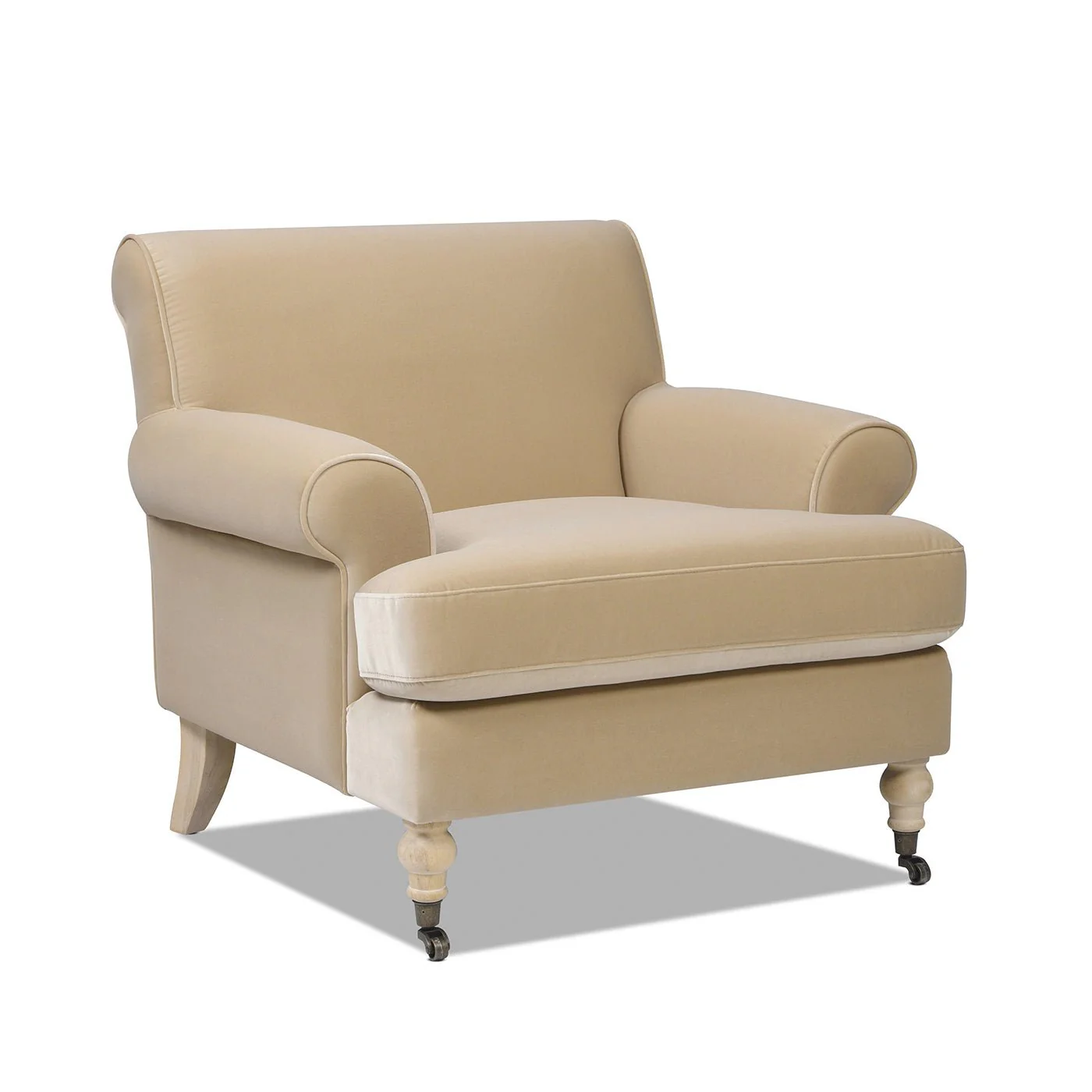 Cobaltex Upholstered Arm Chair with Metal Casters and Rolled Arms