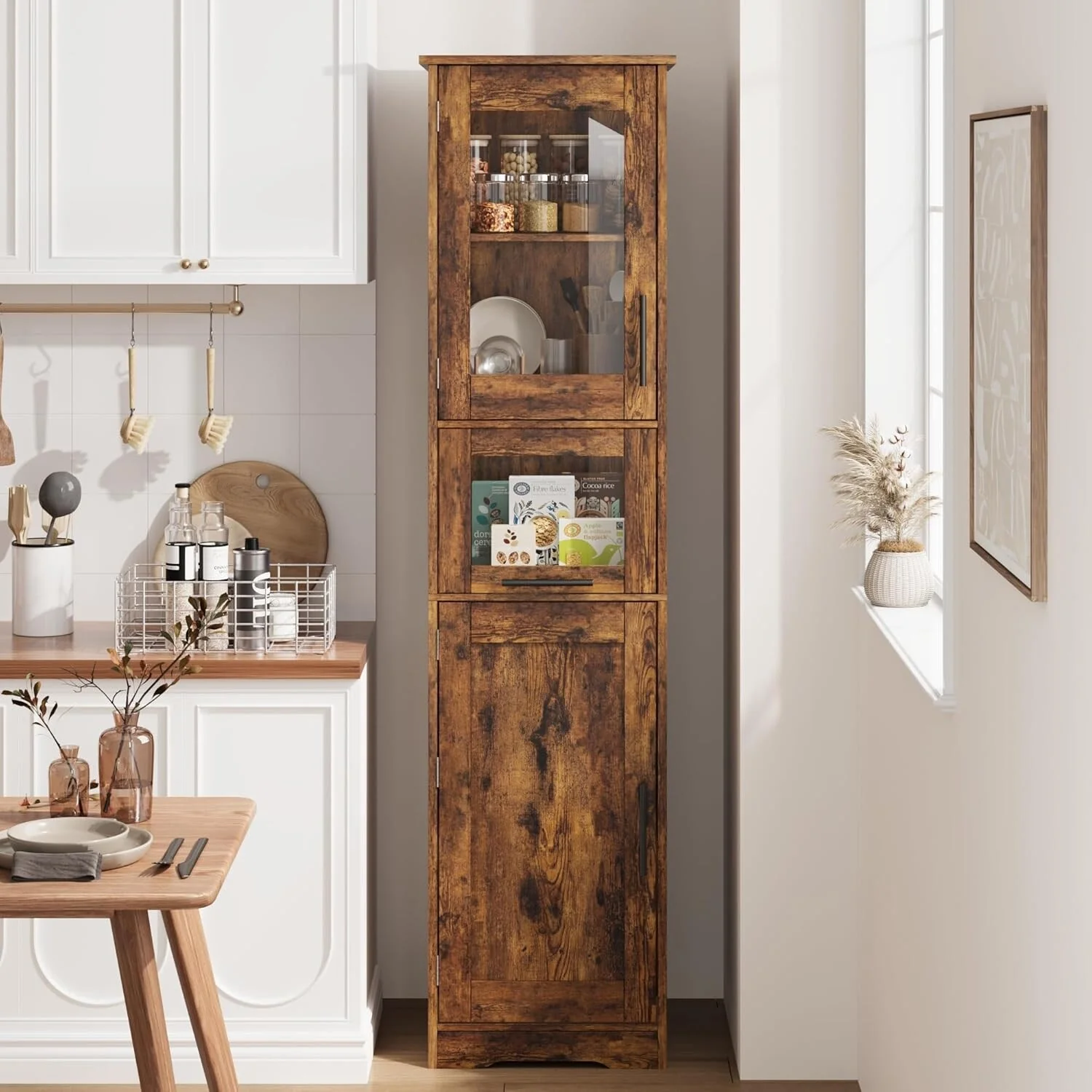 Tall Bathroom Cabinet, Linen Storage Cabinet with Doors and Adjustable Shelves and Drawer