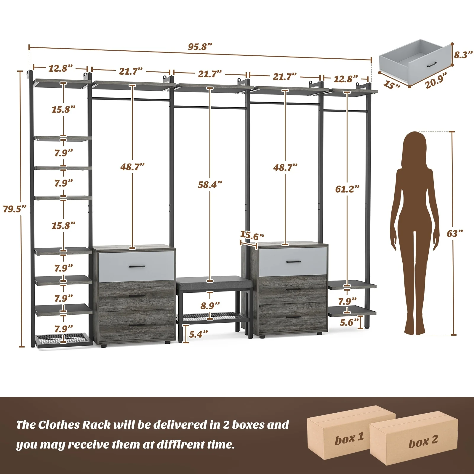 Walk in Closet System with 6 Closet Drawers, 96'' Multifunctional Clothes Rack Closet Organizer