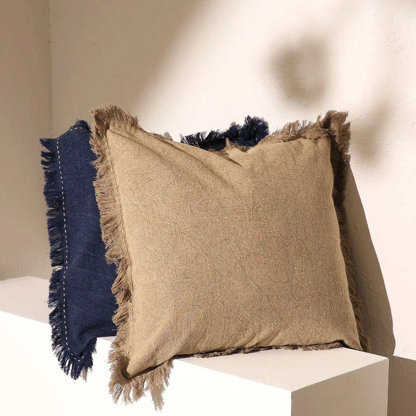 Stonewashed Linen Throw Pillow with Handworked Edges & Fringe